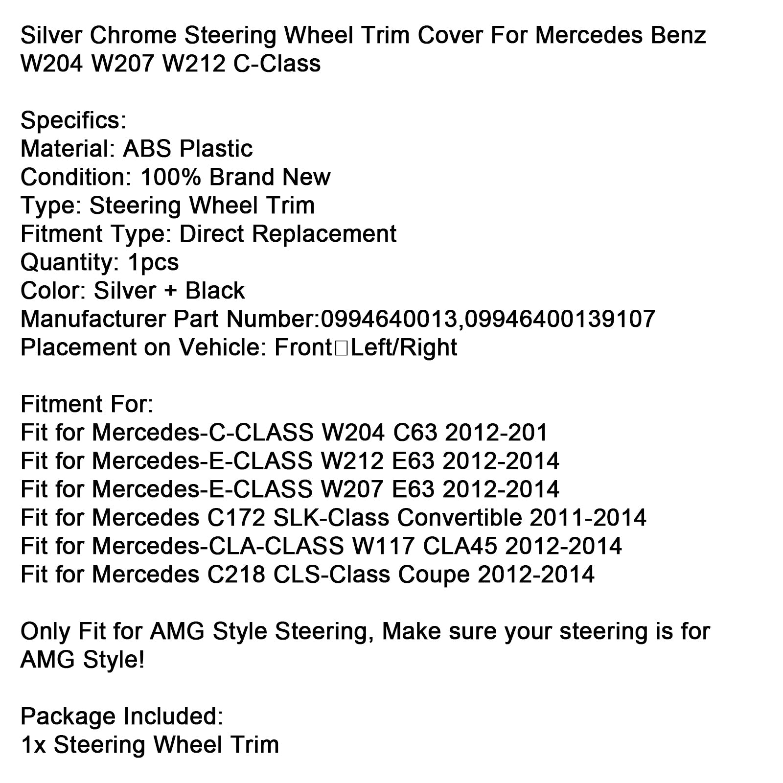 Silver Chrome Steering Wheel Trim Cover For Mercedes Benz W204 W207 W212 C-Class