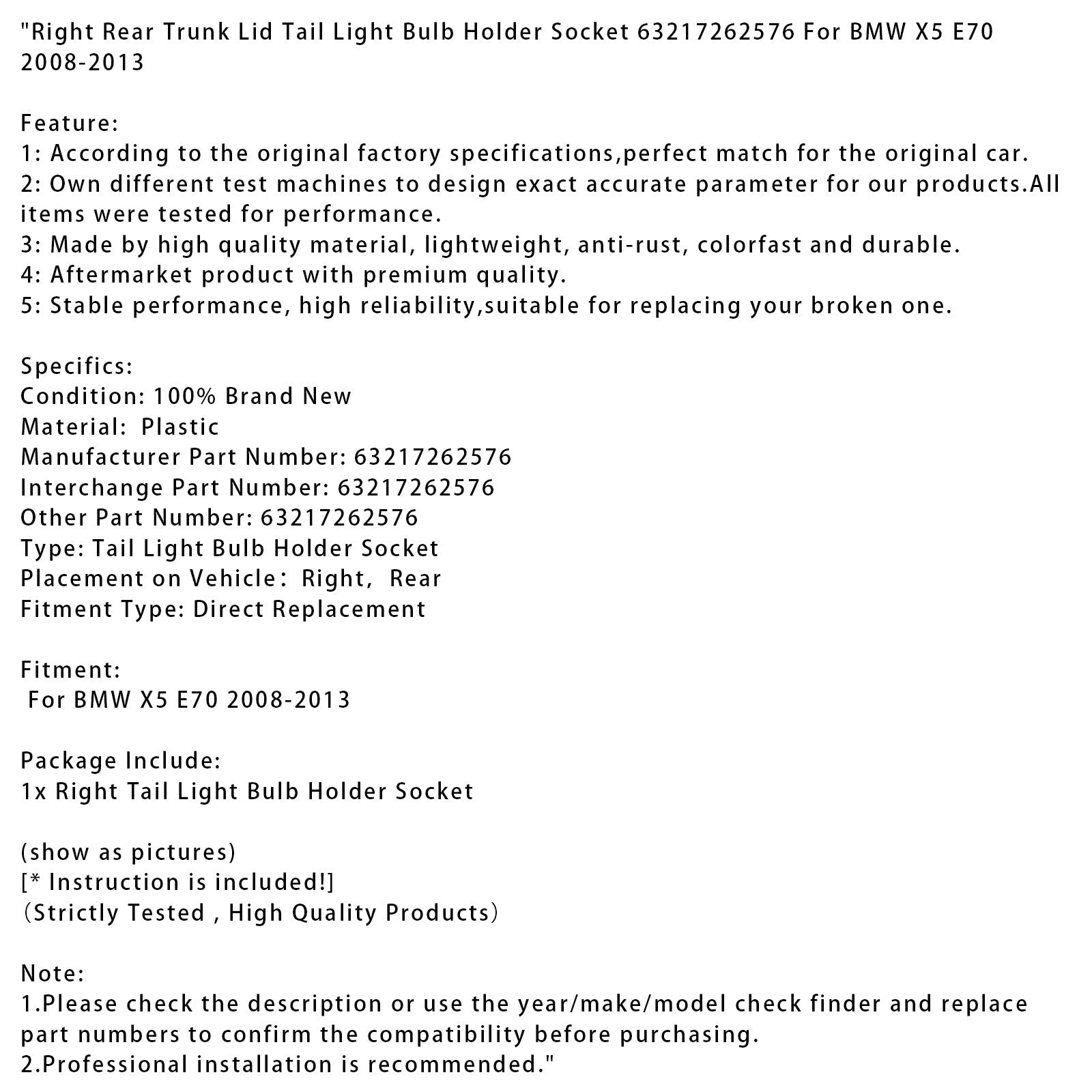 2008-2013 BMW X5 E70 Right Rear Trunk Lid Tail Light Bulb Holder Socket