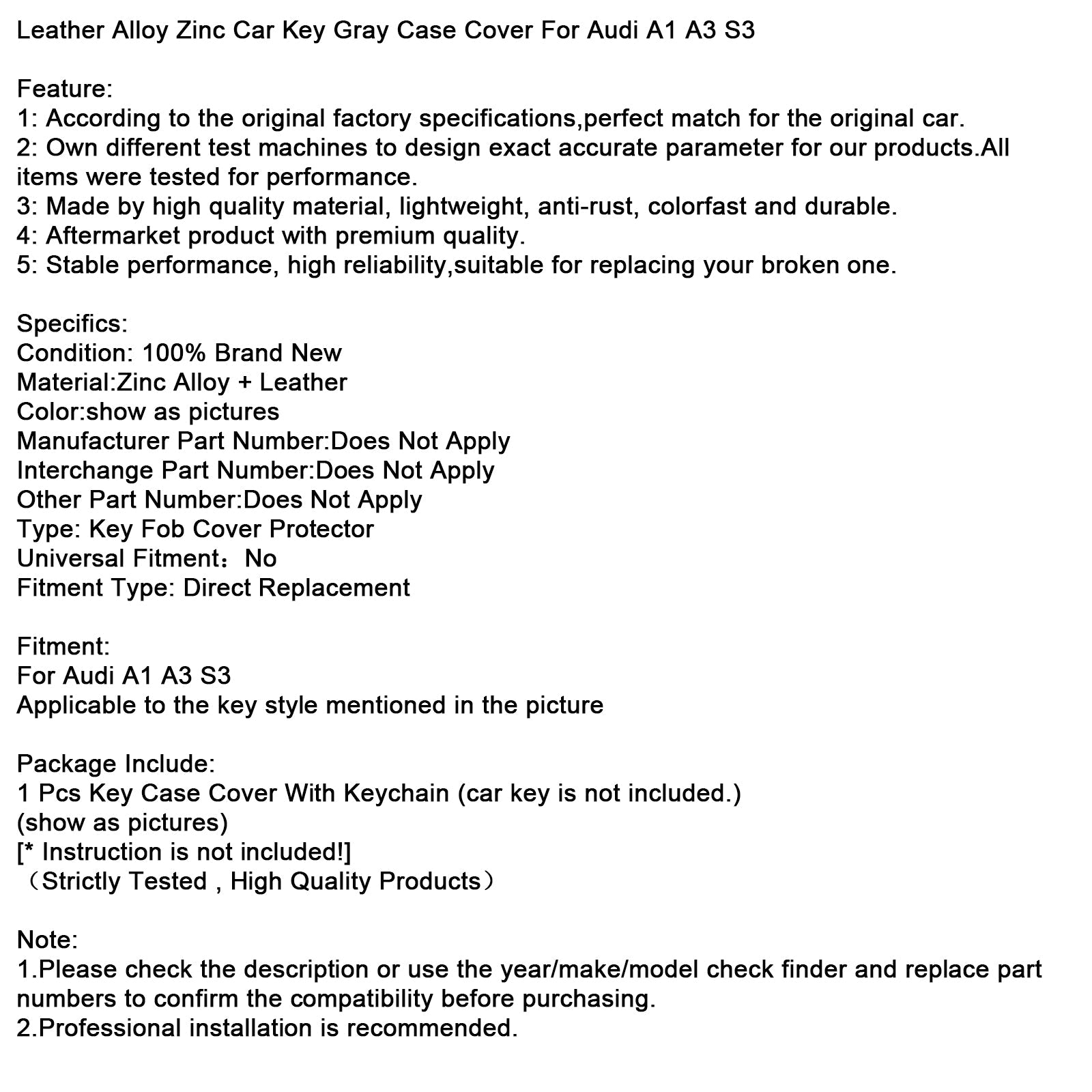 Audi A1 A3 S3 Leather Alloy Zinc Car Key Gray Case Cover