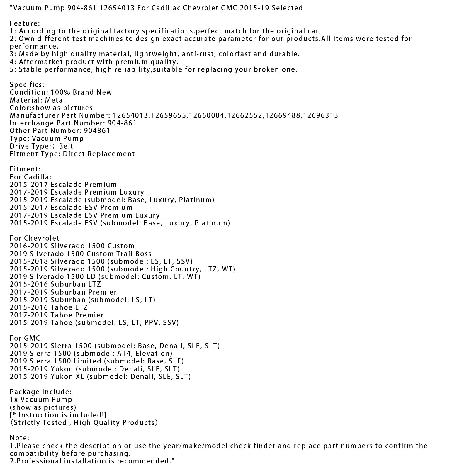 2019 Chevrolet Silverado 1500 LD Custom, LT, WT Vacuum Pump 904-861 12654013 12659655 904-861