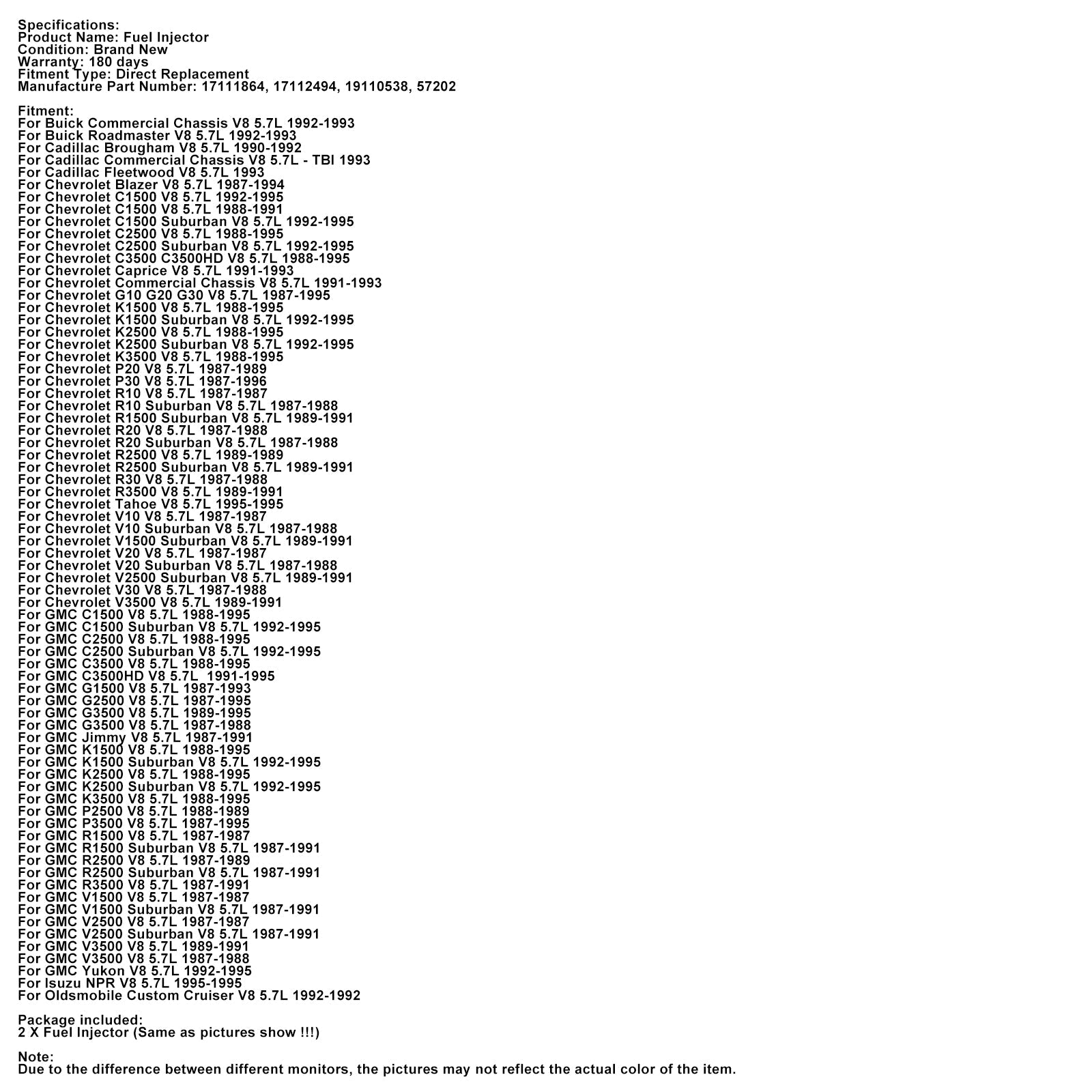 2PCS Fuel Injector 17111864 Fit Chevrolet Tahoe Fit GMC Yukon Fit Buick V8 5.7L