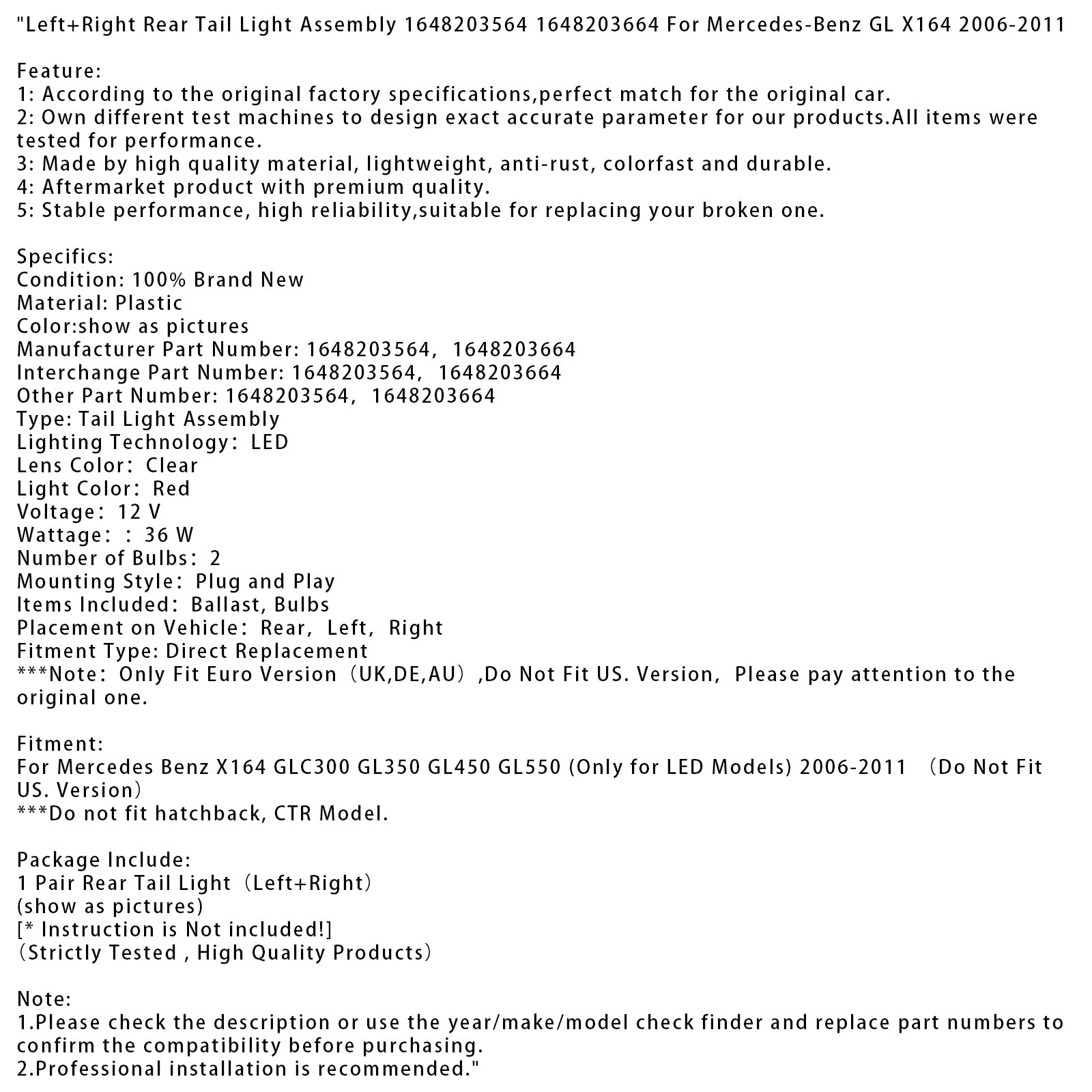 2006-2011 Mercedes Benz X164 GLC300 GL350 GL450 GL550 Left+Right Rear Tail Light Assembly 1648203564 1648203664