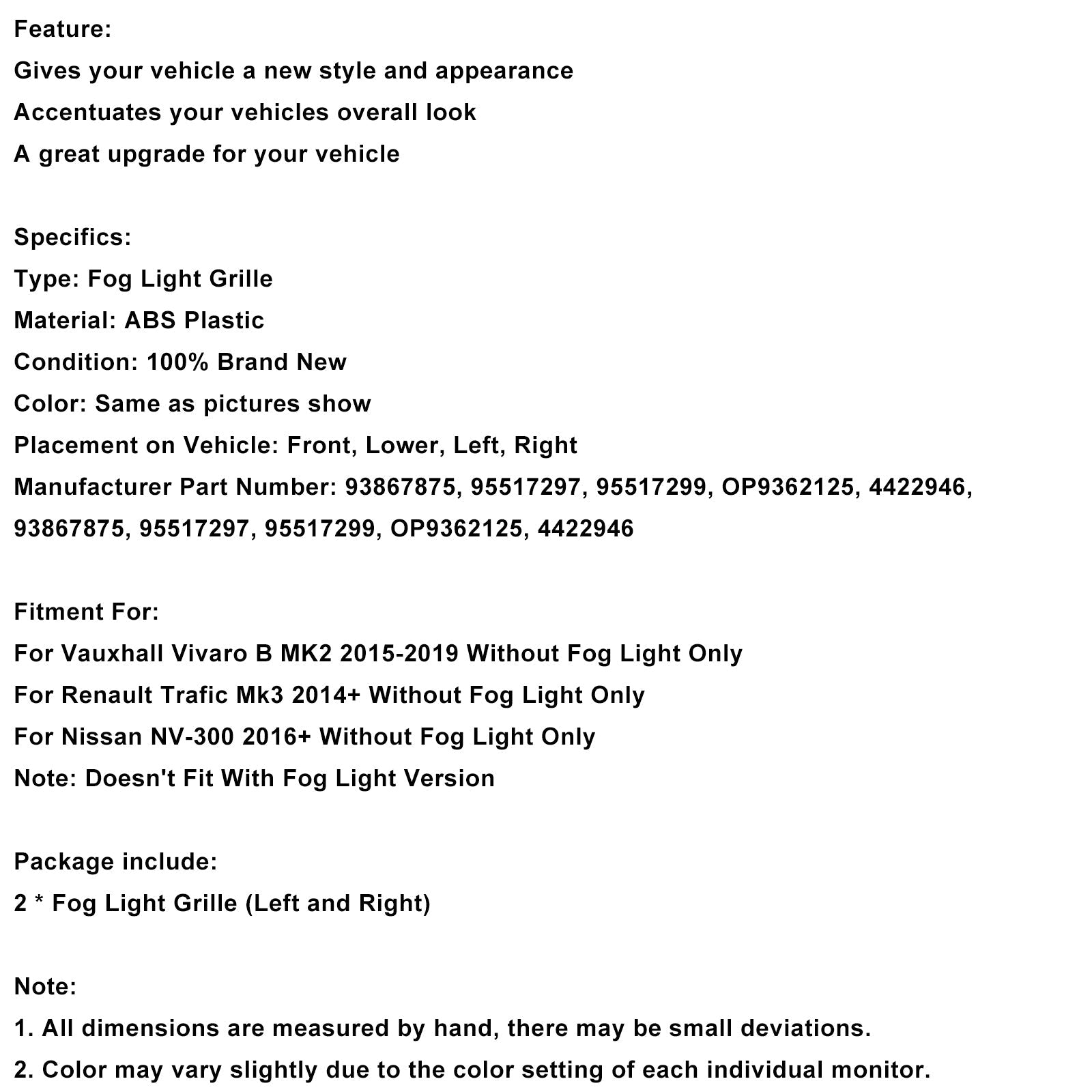 2014+ Renault Trafic Mk3 2PCS Front Bumper Fog Light Cover Grille