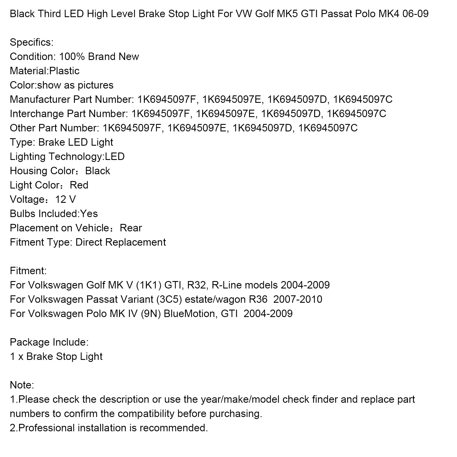 Black Third LED High Level Brake Stop Light For VW Golf MK5 GTI Passat Polo MK4