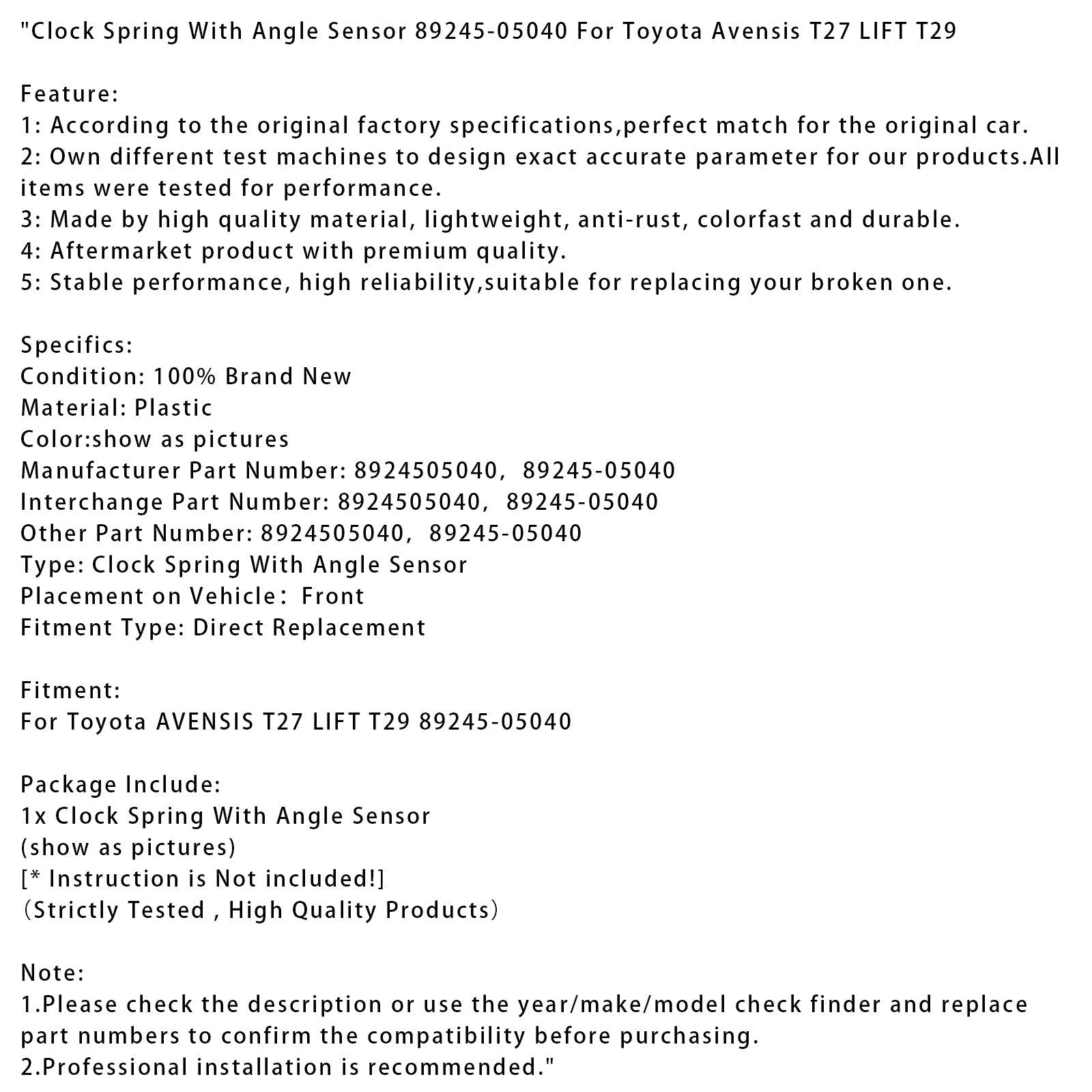 Toyota Avensis T27 LIFT T29 Clock Spring With Angle Sensor 89245-05040