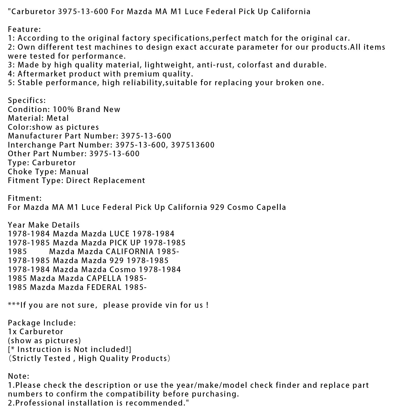 1978-1985 Mazda PICK UP Carburetor 3975-13-600 397513600