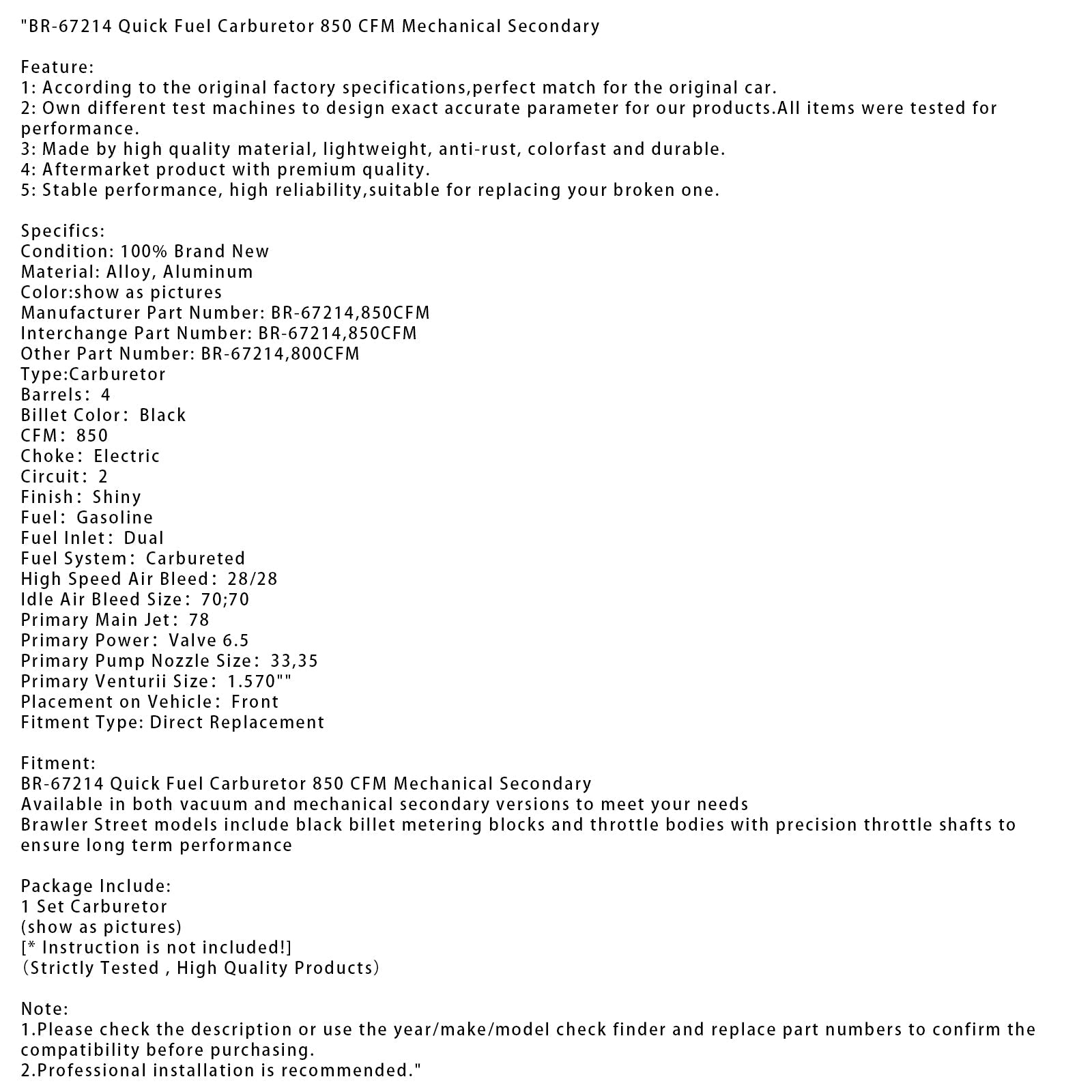 BR-67214 Quick Fuel Carburetor 850 CFM Mechanical Secondary