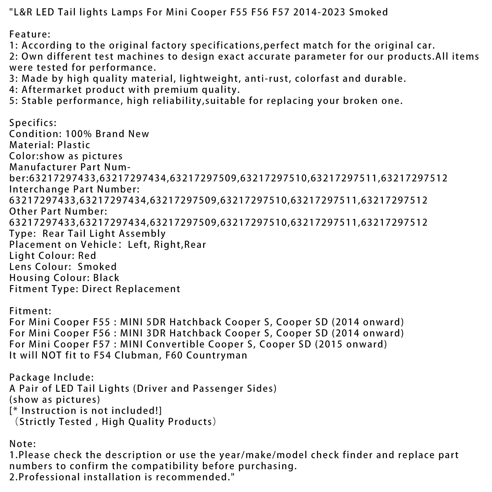 2014 onward Mini Cooper F57 : MINI Convertible Cooper S, Cooper SD L&R LED Tail lights Lamps 63217297433 63217297434
