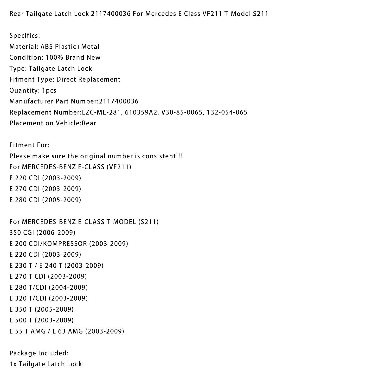 Rear Tailgate Latch Lock 2117400036 For Mercedes E Class VF211 T-Model S211