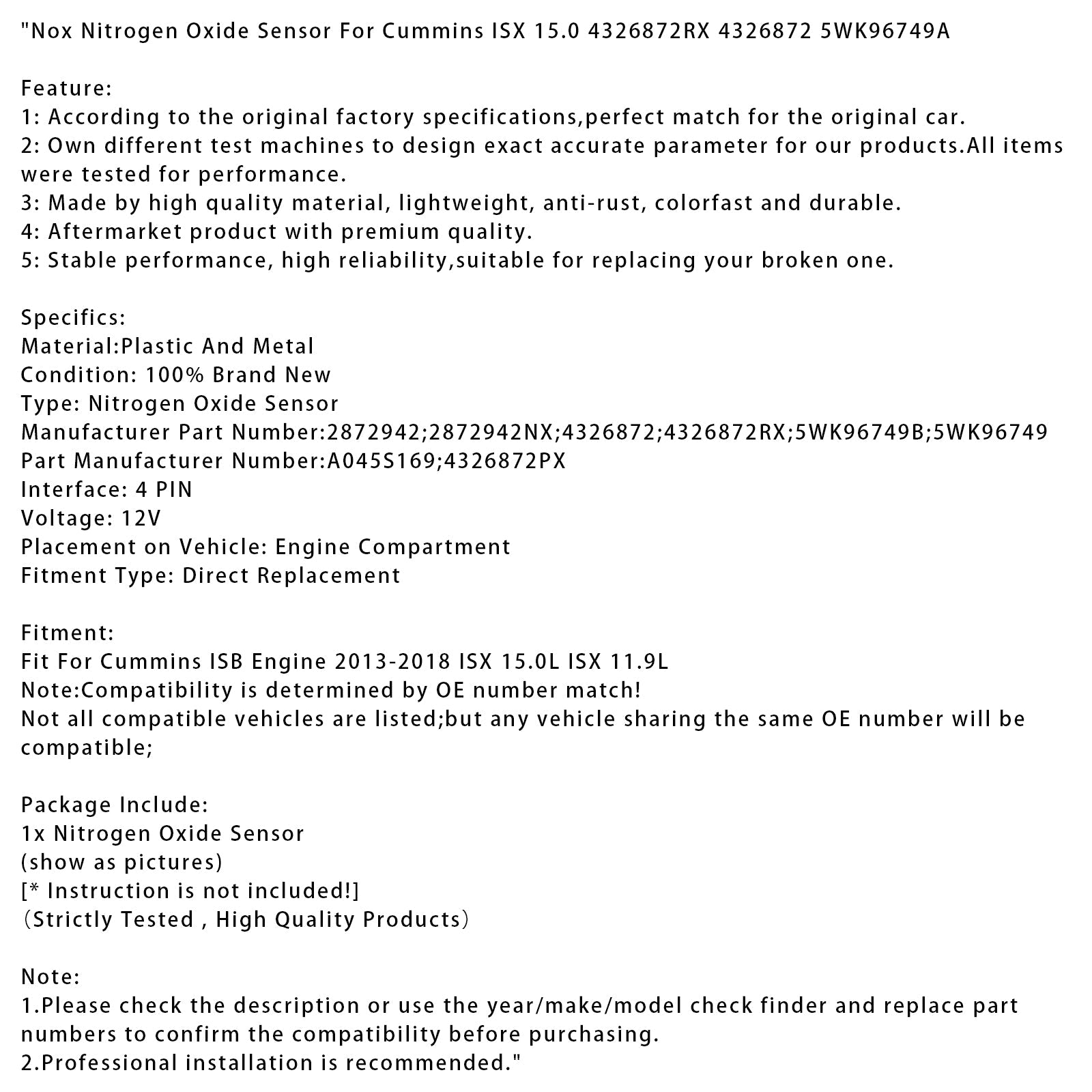 Nox Nitrogen Oxide Sensor For Cummins ISX 15.0 4326872RX 4326872 5WK96749A
