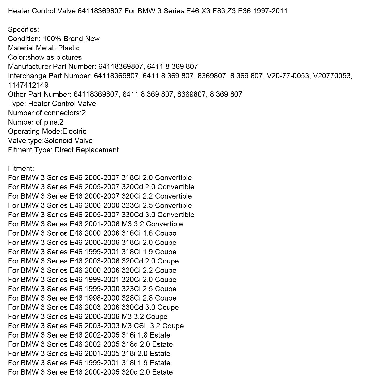 1997-2001 BMW 3 Series E46 318i 1.9 Saloon Heater Control Valve 64118369807