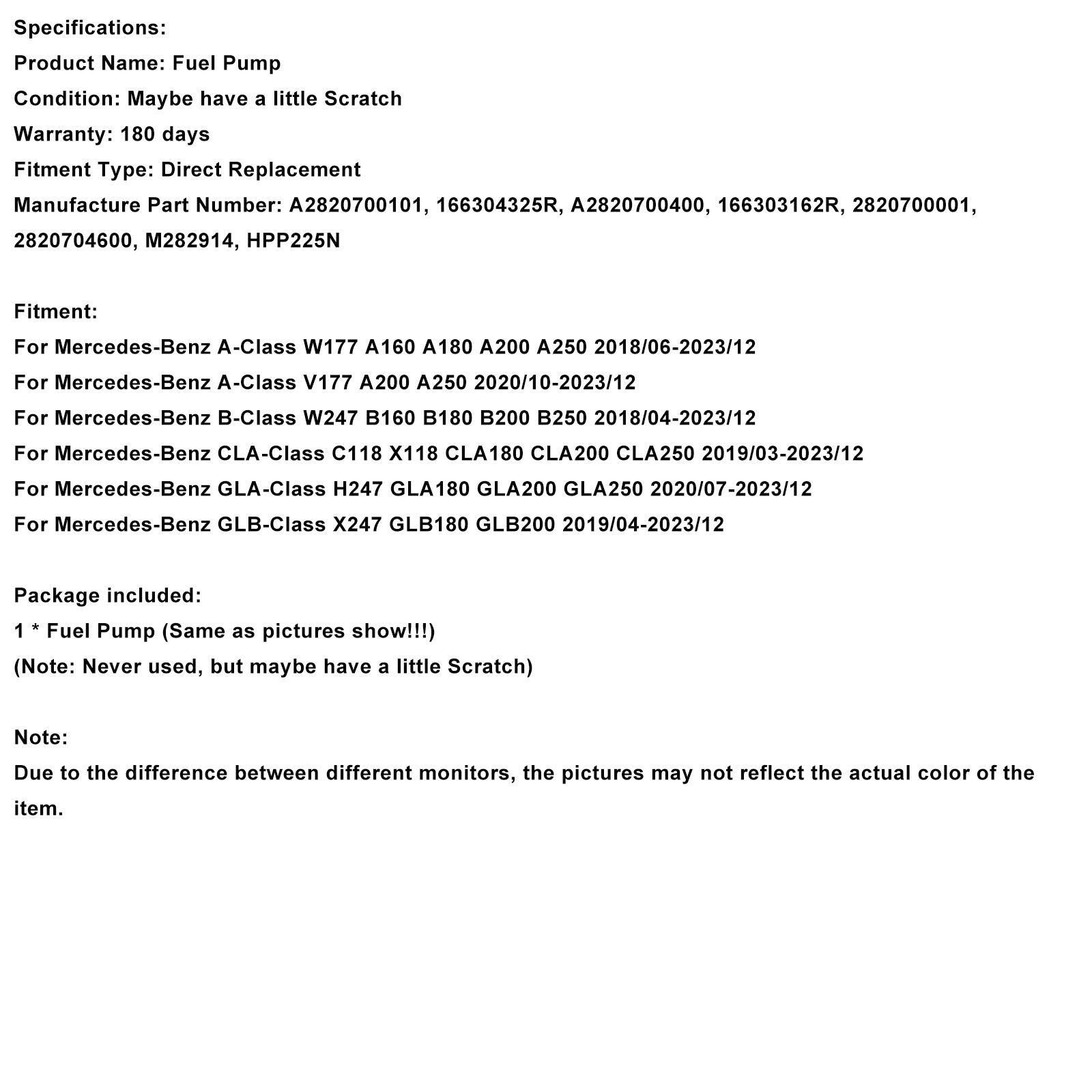 2018/04-2023/12 Mercedes-Benz B-Class W247 B160 B180 B200 B250 High Pressure Fuel Pump 166303162R A2820700101