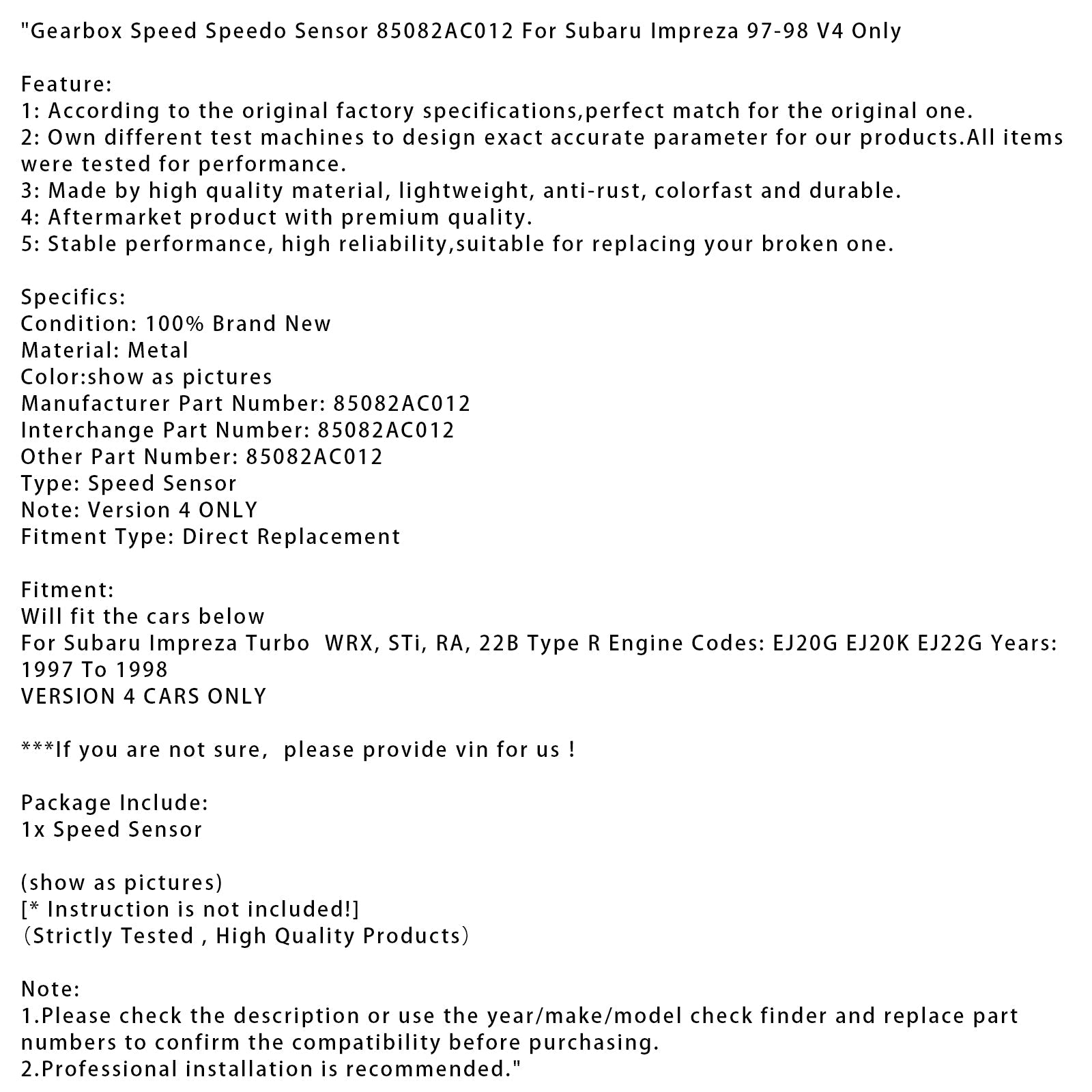 1997-1998 Subaru Impreza V4 Only Gearbox Speed Speedo Sensor 85082AC012