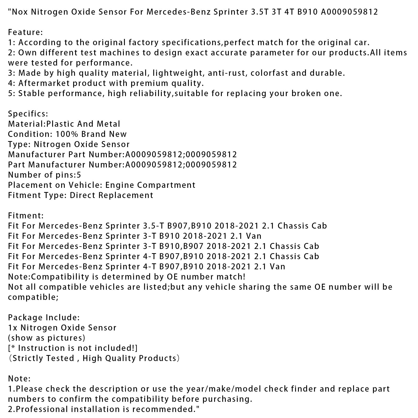 2018-2021 Mercedes-Benz Sprinter 4-T B907,B910 2.1 Van Nox Nitrogen Oxide Sensor A0009059812