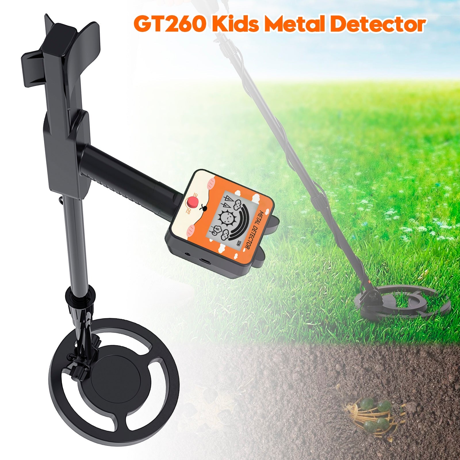GT260 Kids Child Treasure Seeker Metal Detector Waterproof 6.3"Search Coil Black