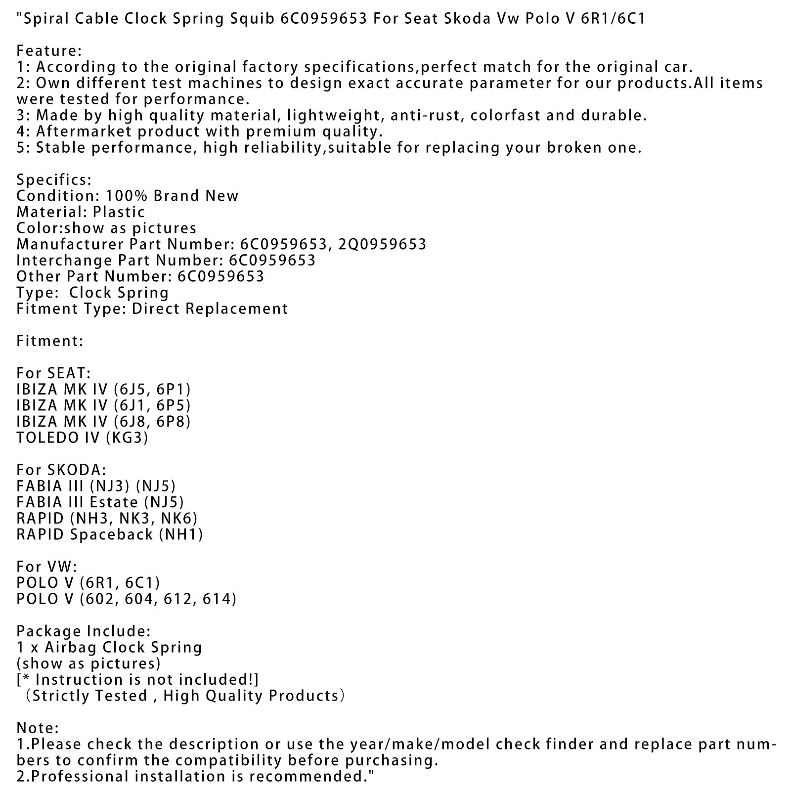 Spiral Cable Clock Spring Squib 6C0959653 For Seat Skoda Vw Polo V 6R1/6C1