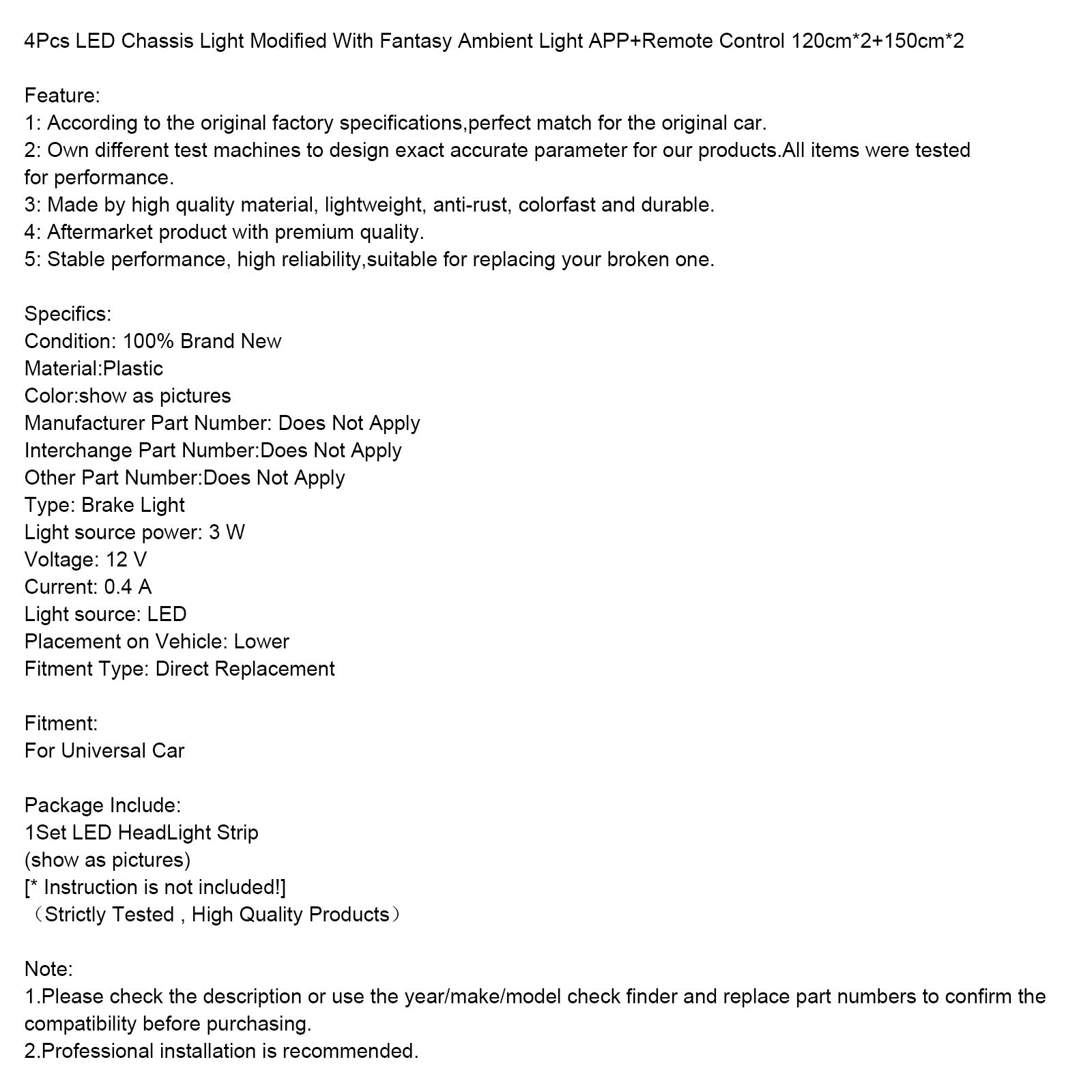 4Pcs LED Chassis Light Modified With Fantasy Ambient Light APP Controller 120cm*2+150cm*2