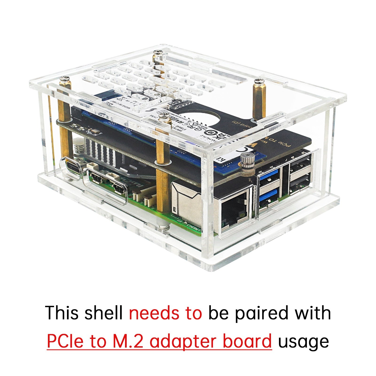 Raspberry Pi5 PCI-E Adapter Case PCIe to M.2 Adapter Board Acrylic Box Radiator