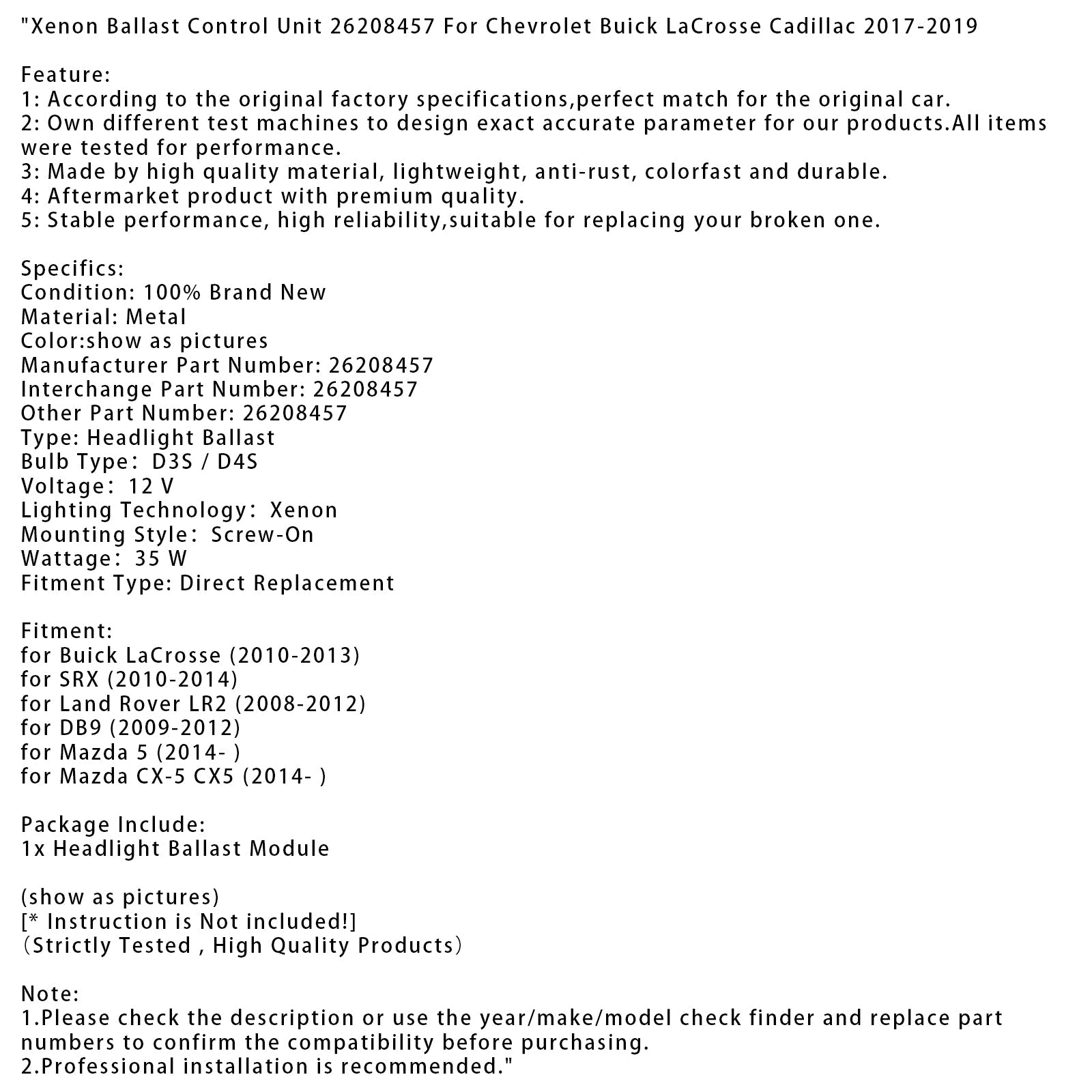 Xenon Ballast Control Unit 26208457 For Chevrolet Buick LaCrosse Cadillac 17-19