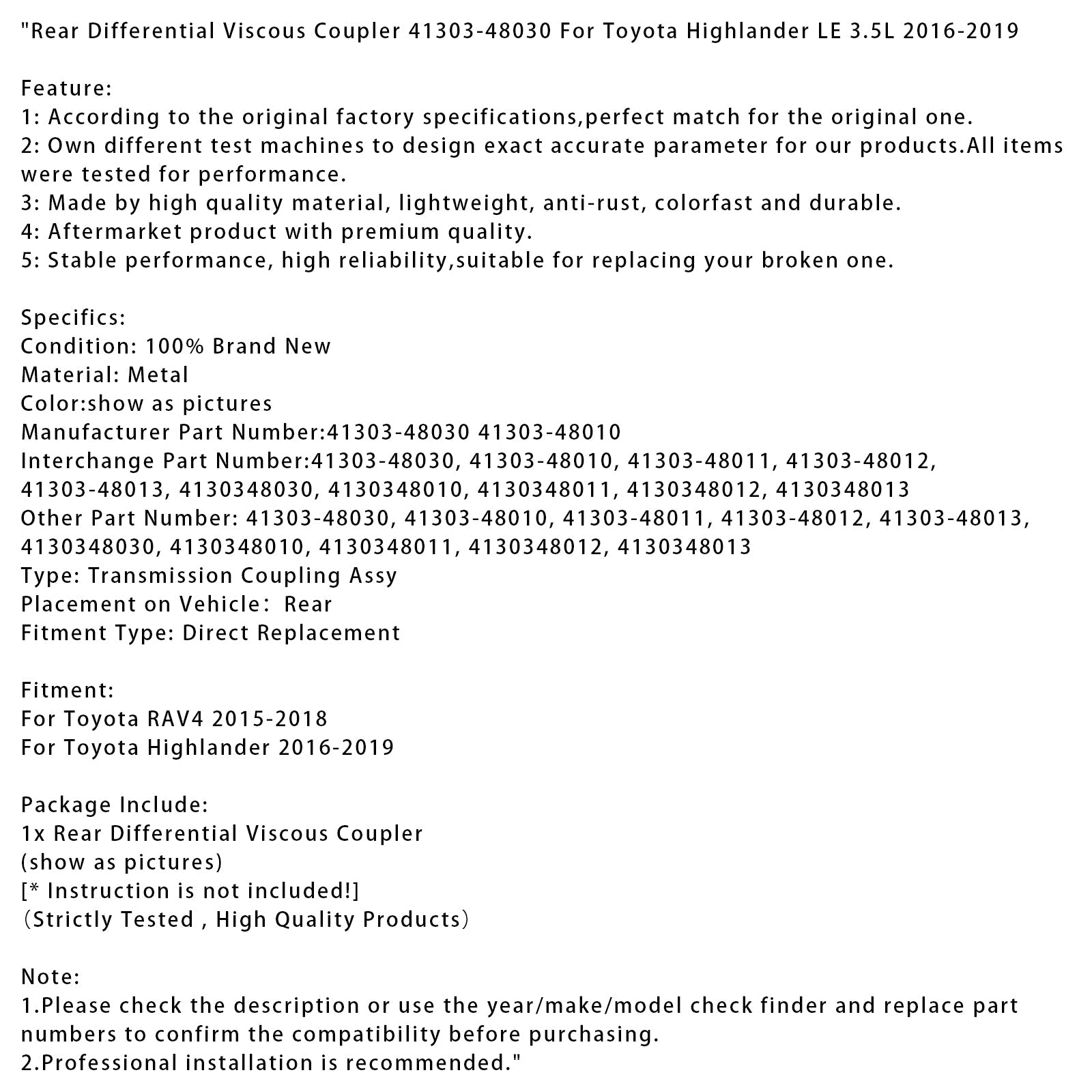 2016-2019 Toyota Highlander Rear Differential Viscous Coupler 41303-48030 4130348013