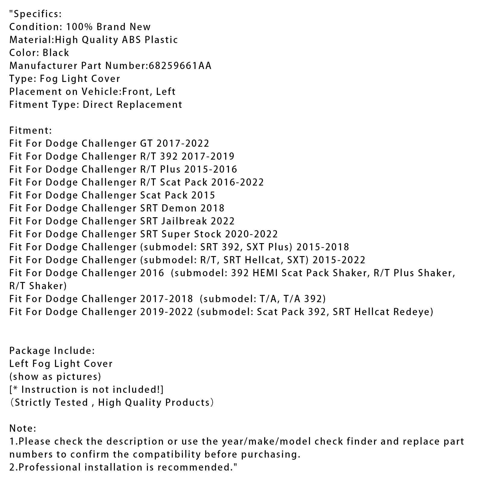 Left Side Fog Light Cover For Dodge Challenger 2015-2022 68259661AA