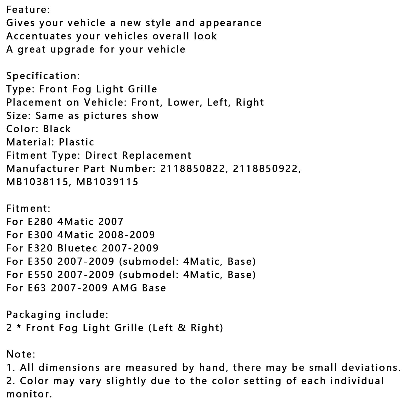 2PCS 안개등 트림 세트 메르세데스 벤츠 E-클래스에 적합 W211 E320 E550 2007-2009