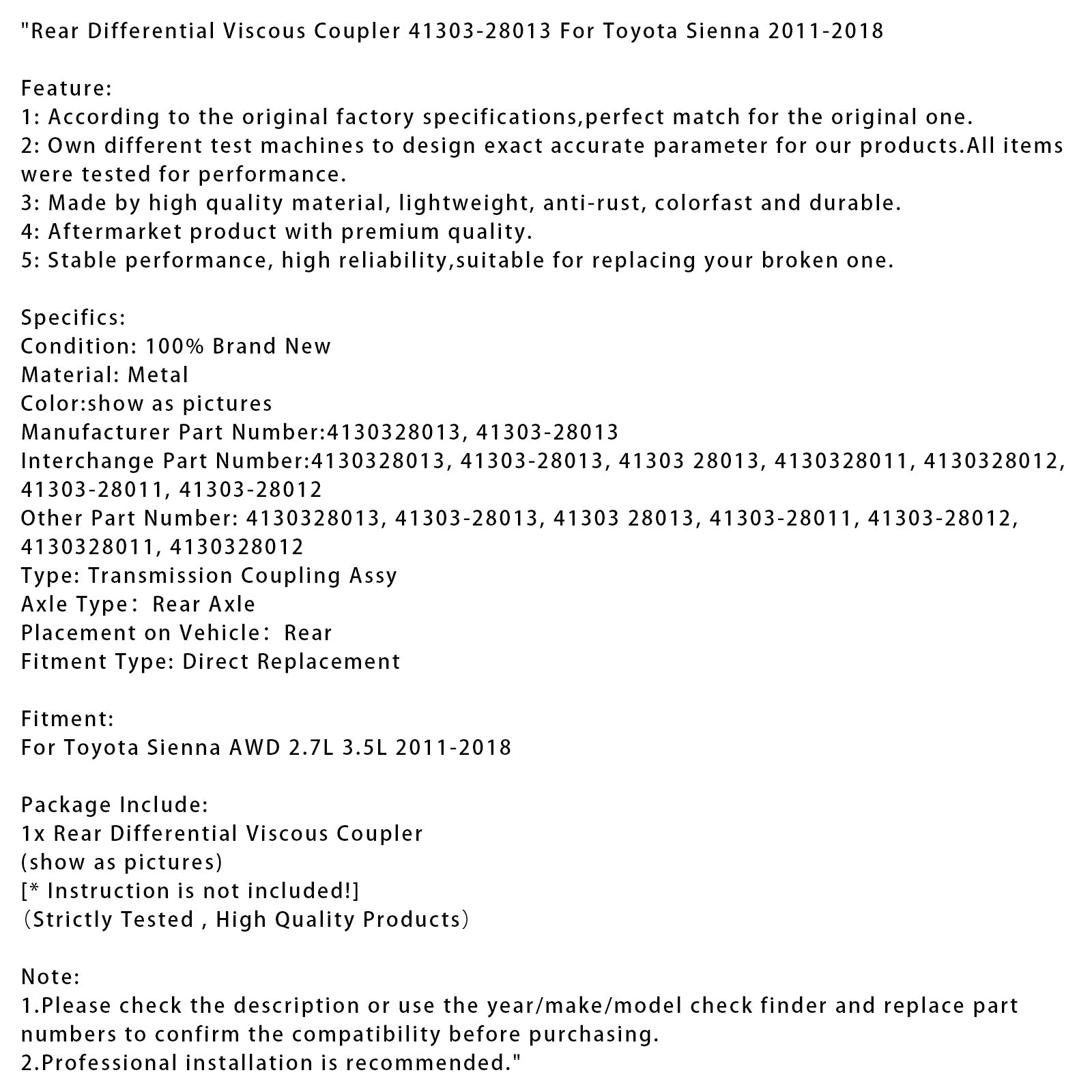 2011-2018 Toyota Sienna Rear Differential Viscous Coupler 41303-28013