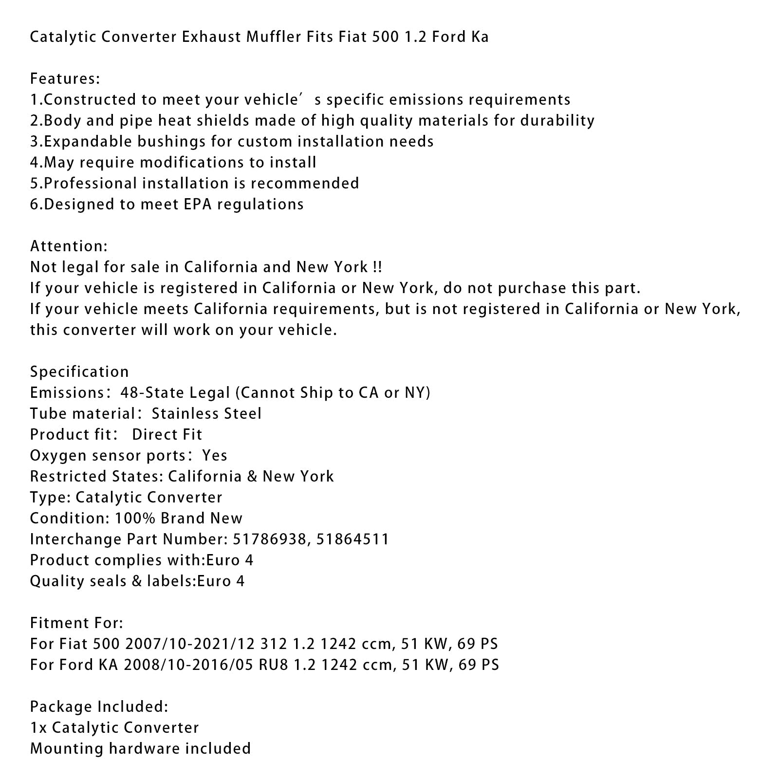 Catalytic Converter Exhaust Muffler 51786938 Fits For Fiat 500 1.2 Ford Ka