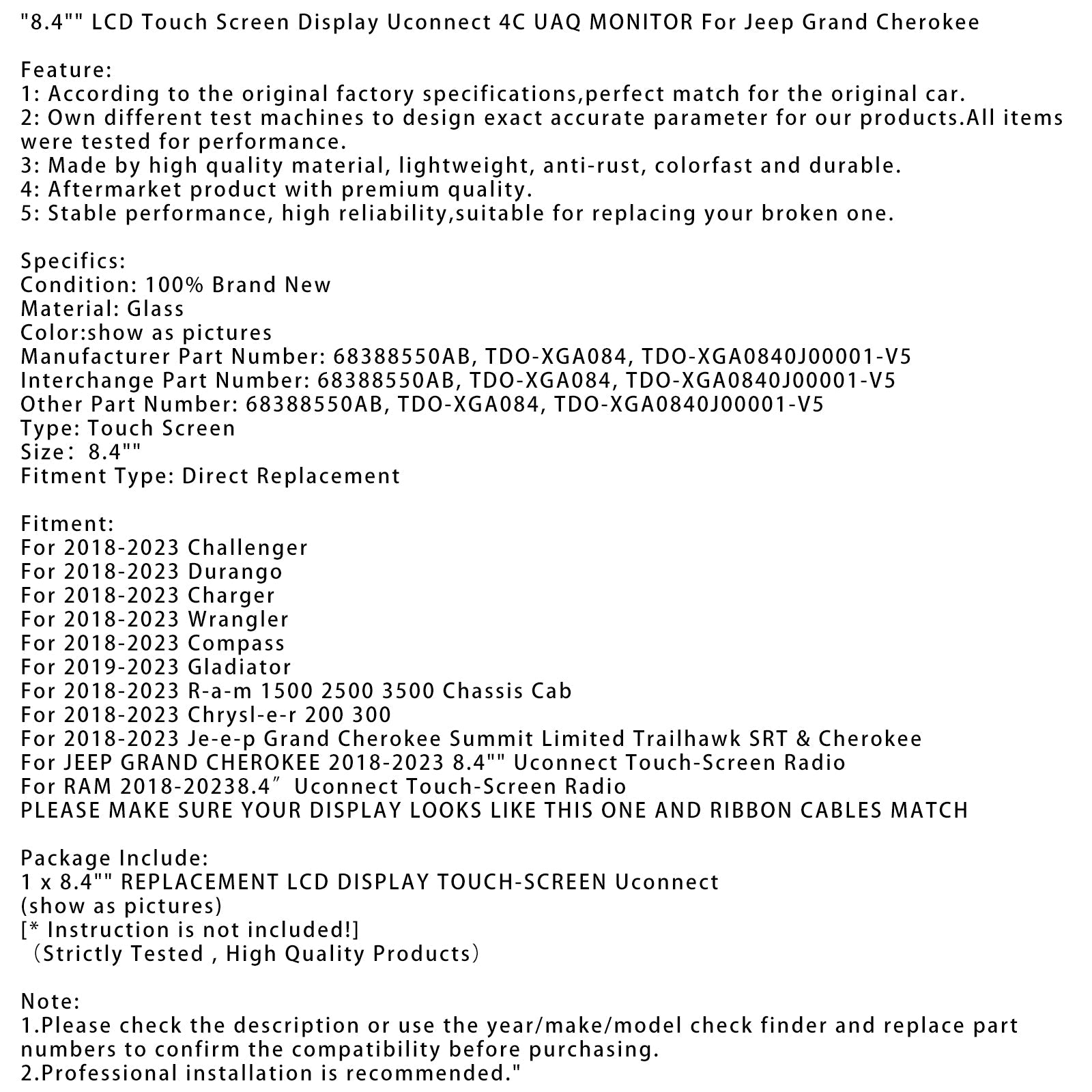 2018-2023 R-a-m 1500 2500 3500 Chassis Cab 8.4" LCD Touch Screen Display Uconnect 4C UAQ MONITOR 68388550AB