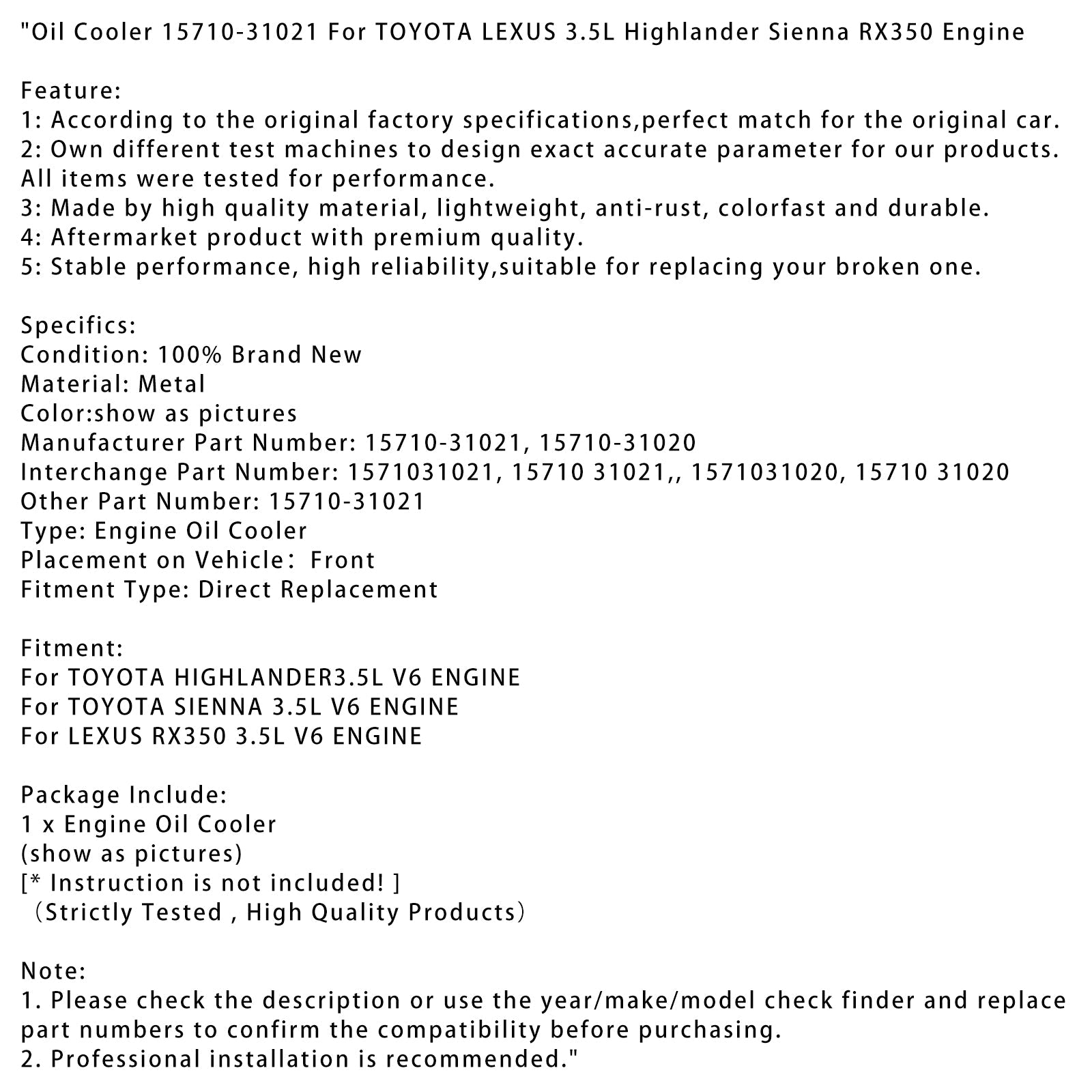 Oil Cooler 15710-31021 For TOYOTA LEXUS 3.5L Highlander Sienna RX350 Engine