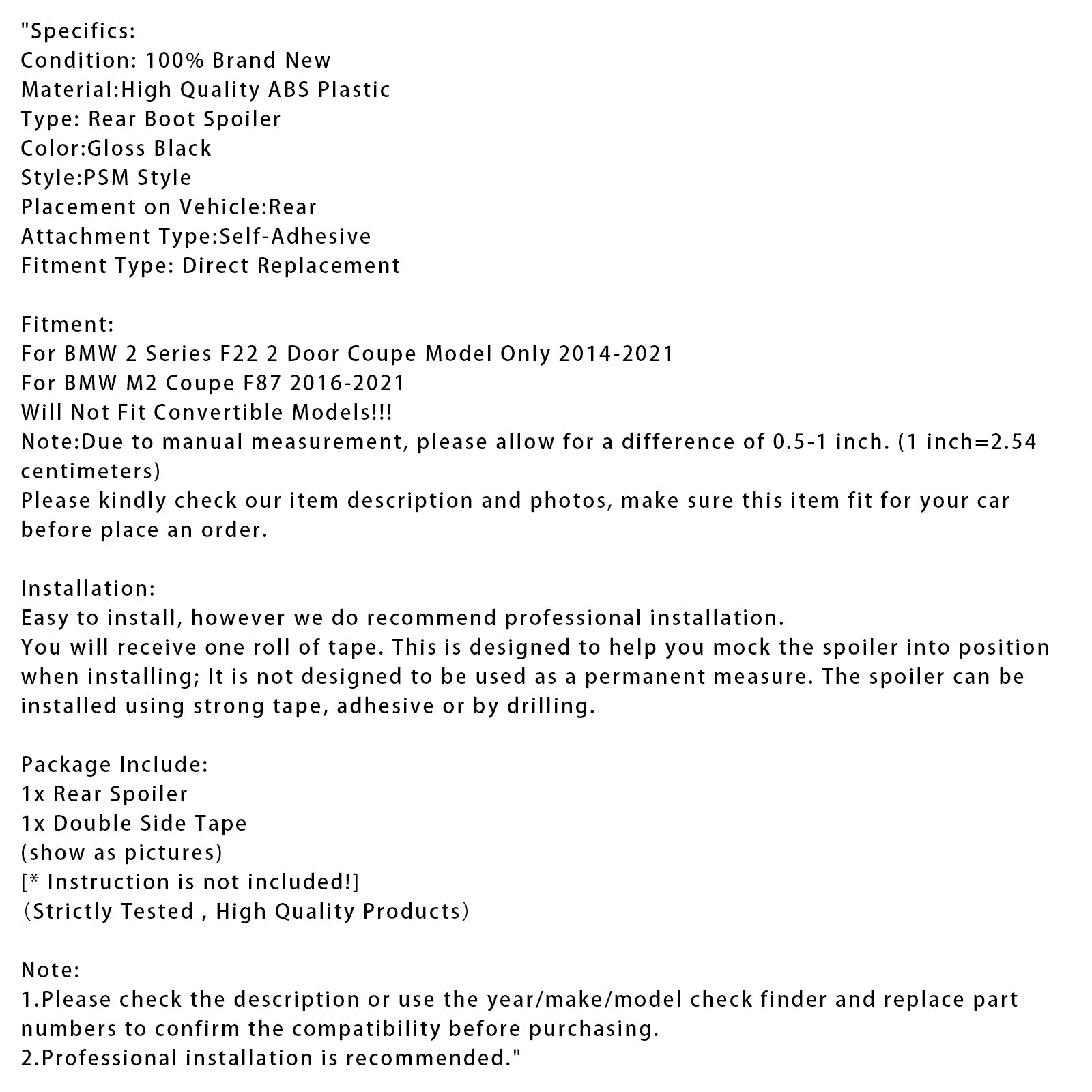 2016-2021 BMW M2 Coupe F87 Gloss Black Rear Boot Spoiler