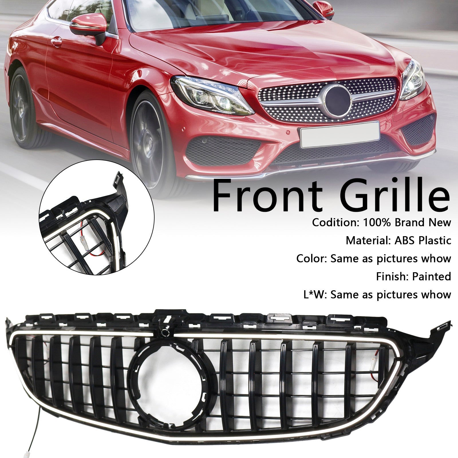 Black Front Bumper Grill Grille Fit Mercedes W205 C250 C300 2015-2021 W/LED