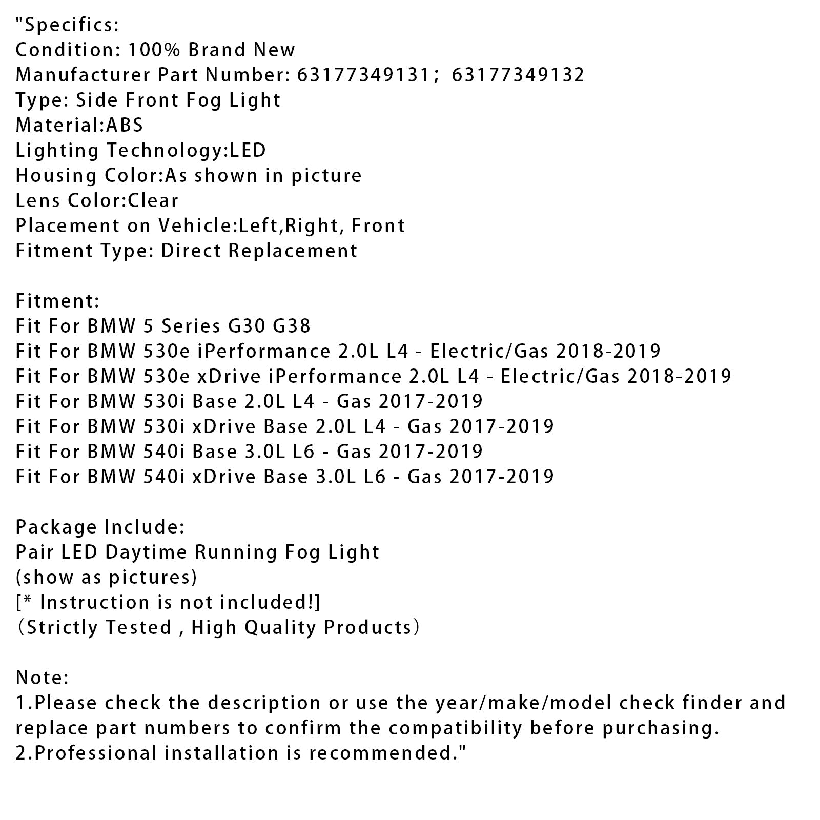 Pair LED Front Daytime Running Fog Light For BMW G30 G38 17-19 63177349131