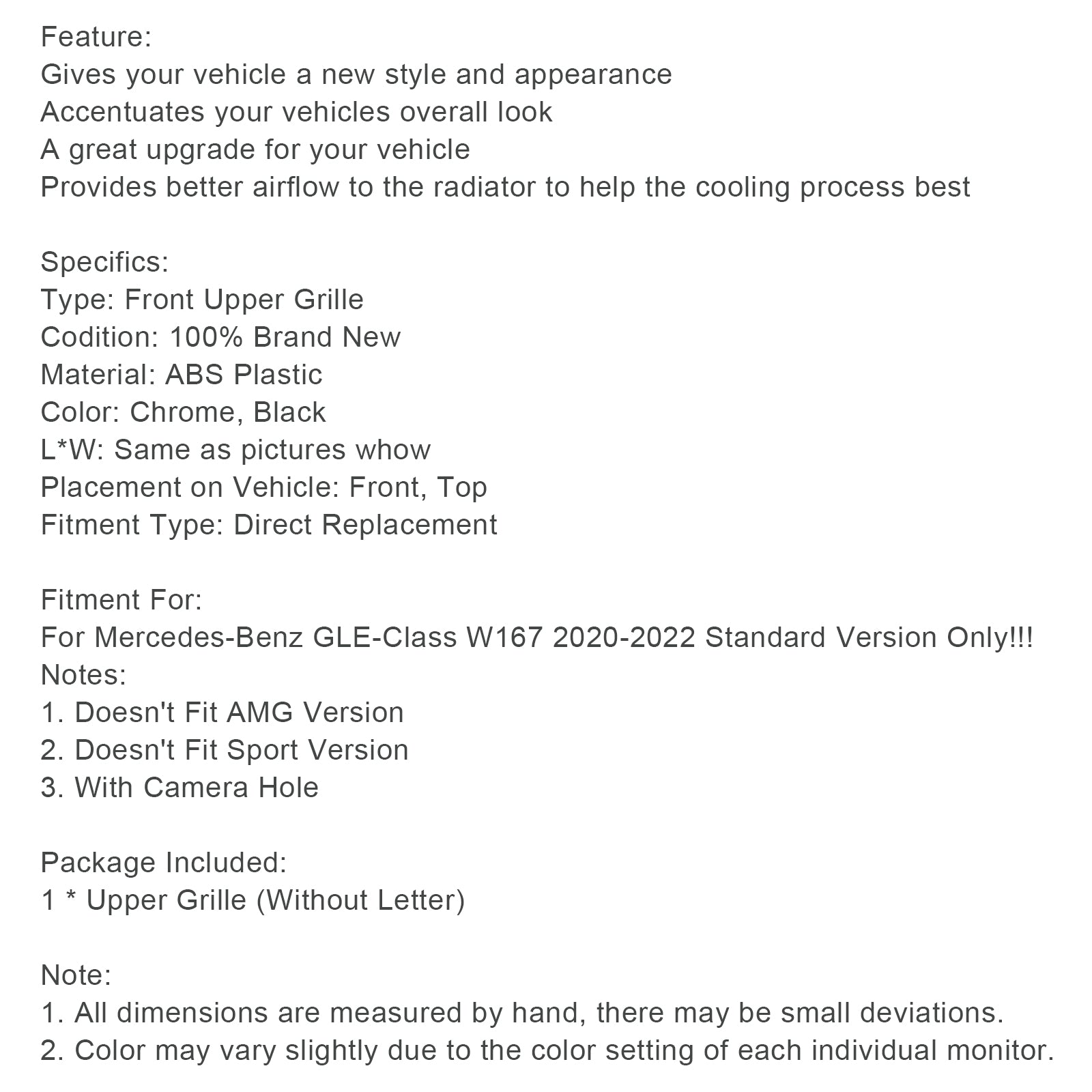 메르세데스 벤츠 GLE 클래스 프론트 범퍼 그릴 장착 W167 GLE350 2020-2022