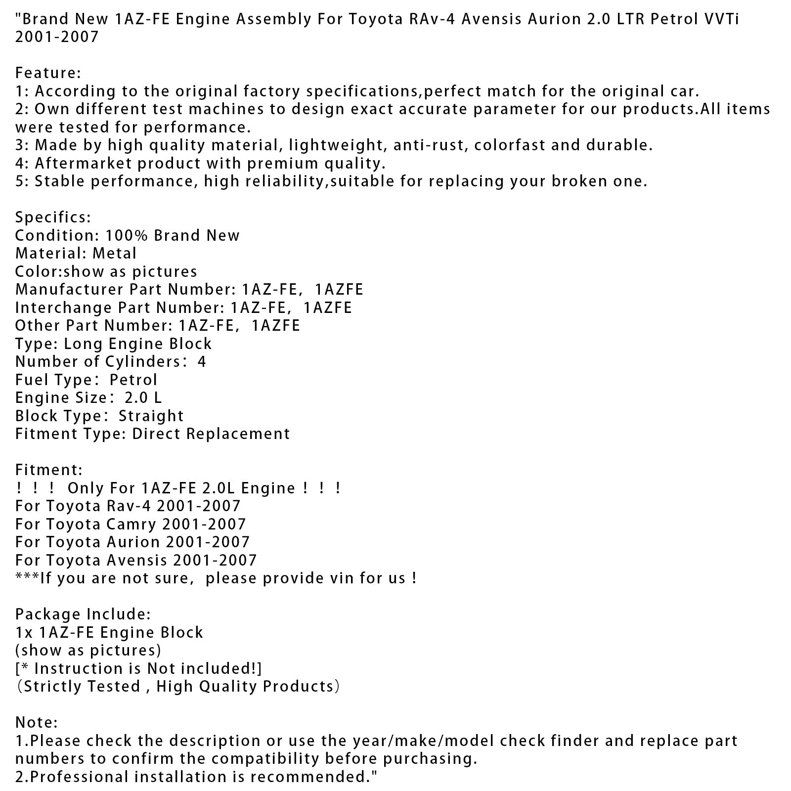 1AZ-FE Engine Assembly For Toyota RAV-4 Avensis Aurion 2.0 LTR Petrol VVTi