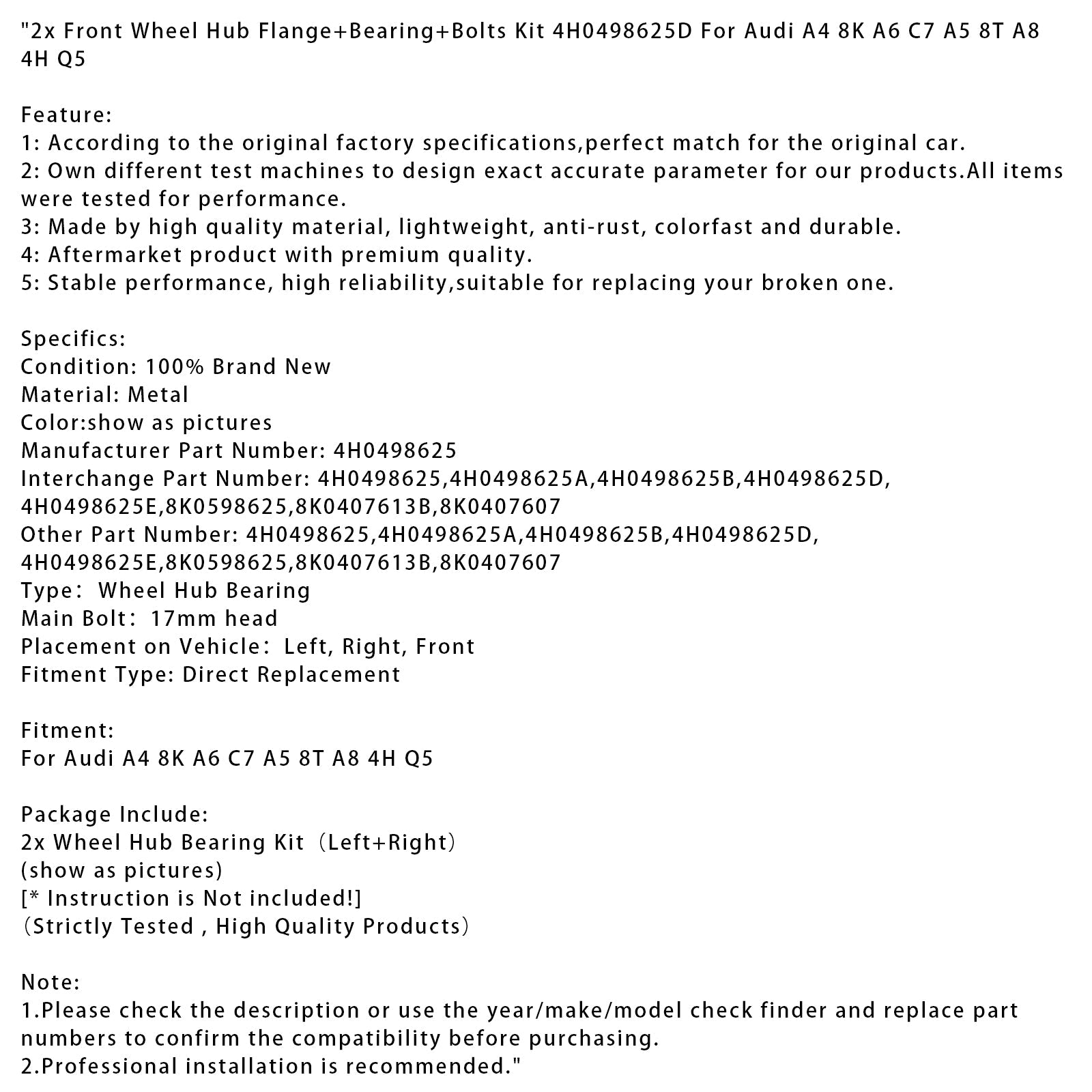 Audi A4 8K A6 C7 A5 8T A8 4H Q5 2x Front Wheel Hub Flange+Bearing+Bolts Kit 4H0498625D