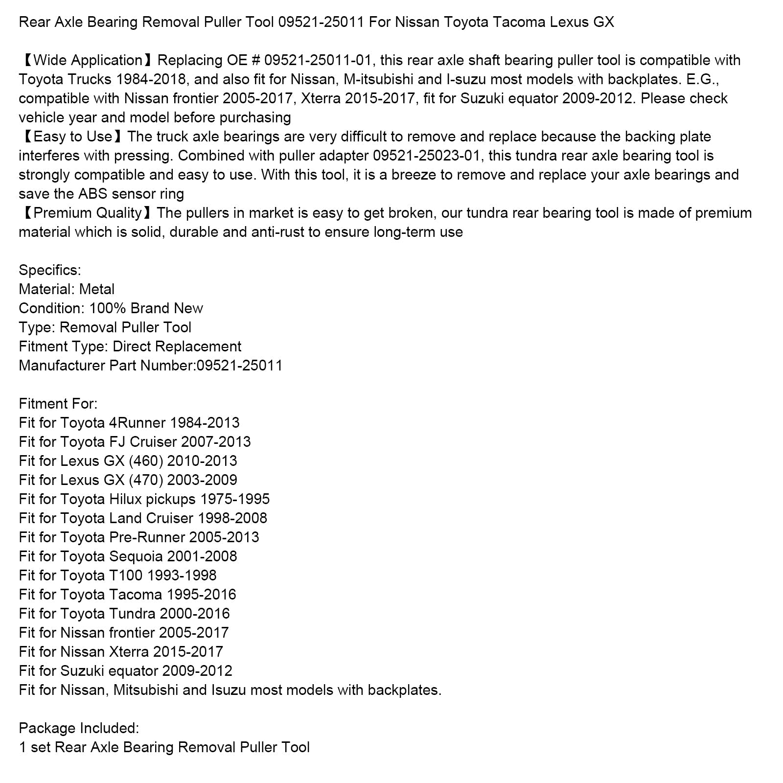 1975-1995 Toyota Hilux pickups Rear Axle Bearing Removal Puller Tool 09521-25011