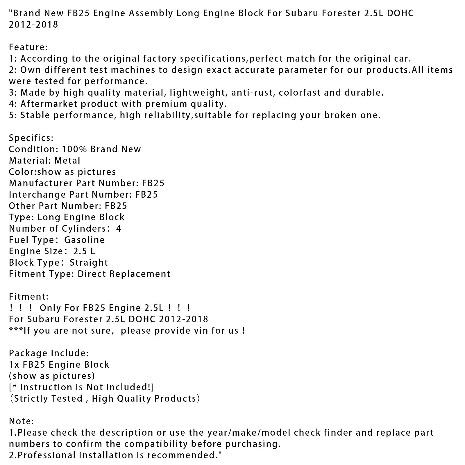 FB25 Engine Assembly Long Engine Block For Subaru Forester 2.5L DOHC 2012-2018