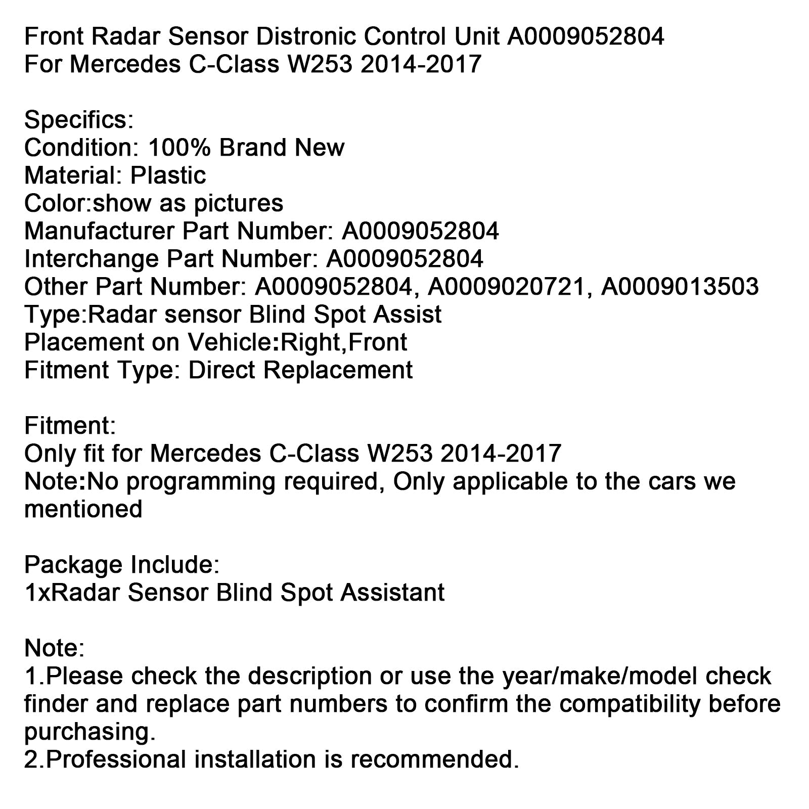 2014-2017 Mercedes C-Class W253 Front Radar Sensor Control Unit A0009052804