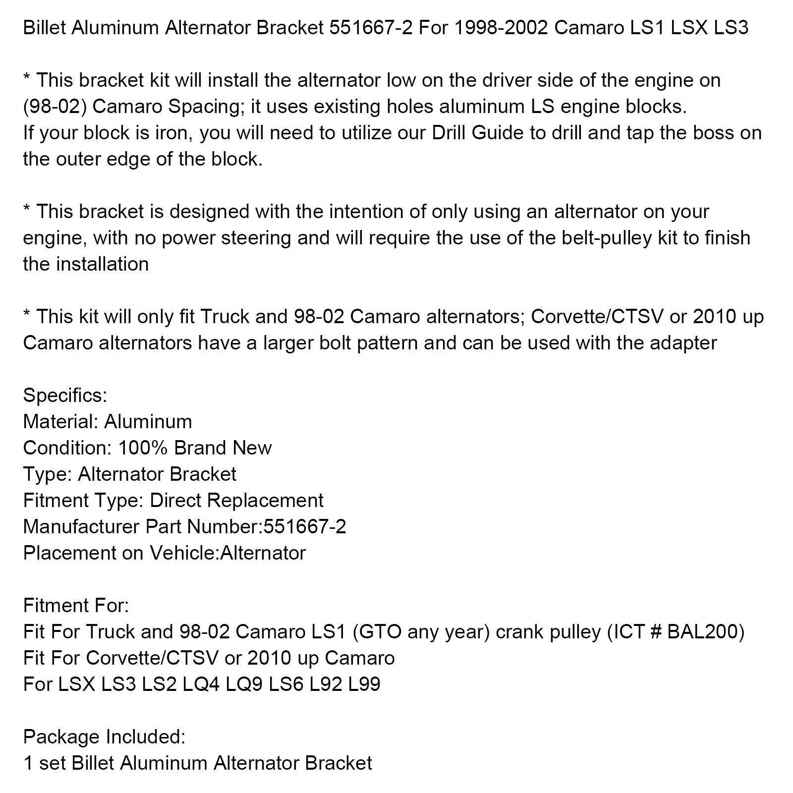 Billet Aluminum Alternator Bracket 551667-2 For 1998-2002 Camaro LS1 LSX LS3