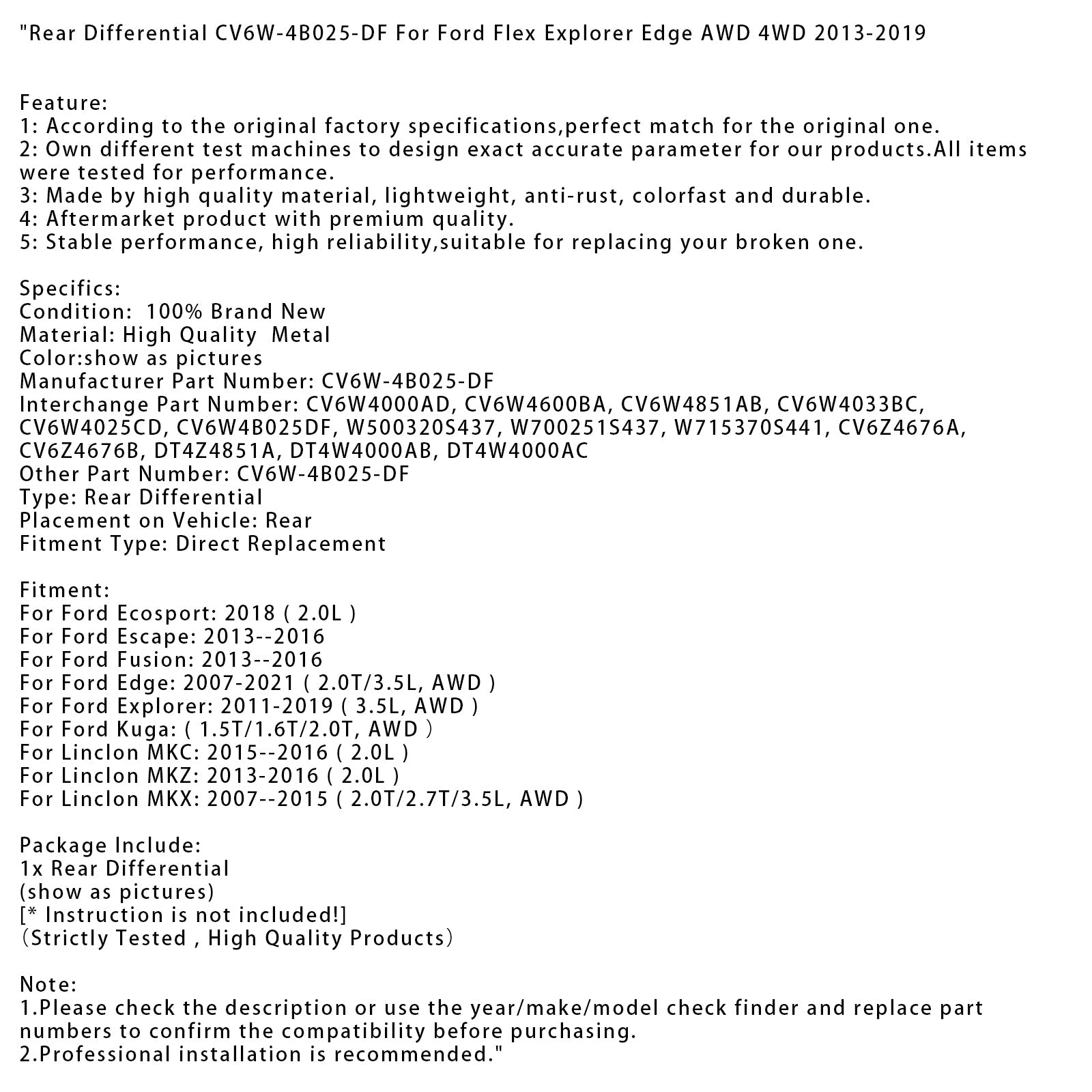 2018 Ford Ecosport 2.0L Rear Differential CV6W-4B025-DF DT4W4000AB