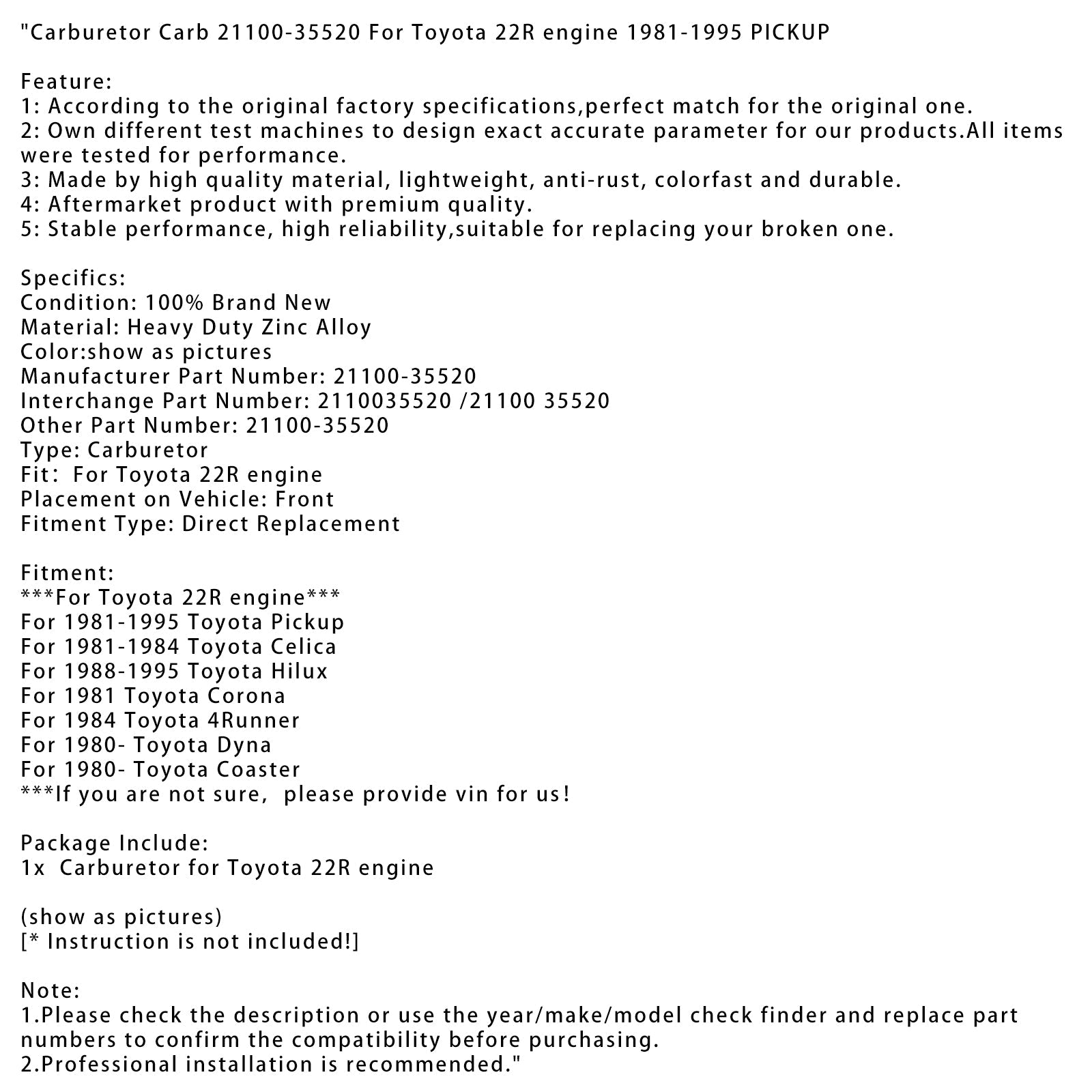 Carburetor Carb 21100-35520 For Toyota 22R engine 1981-1995 PICKUP