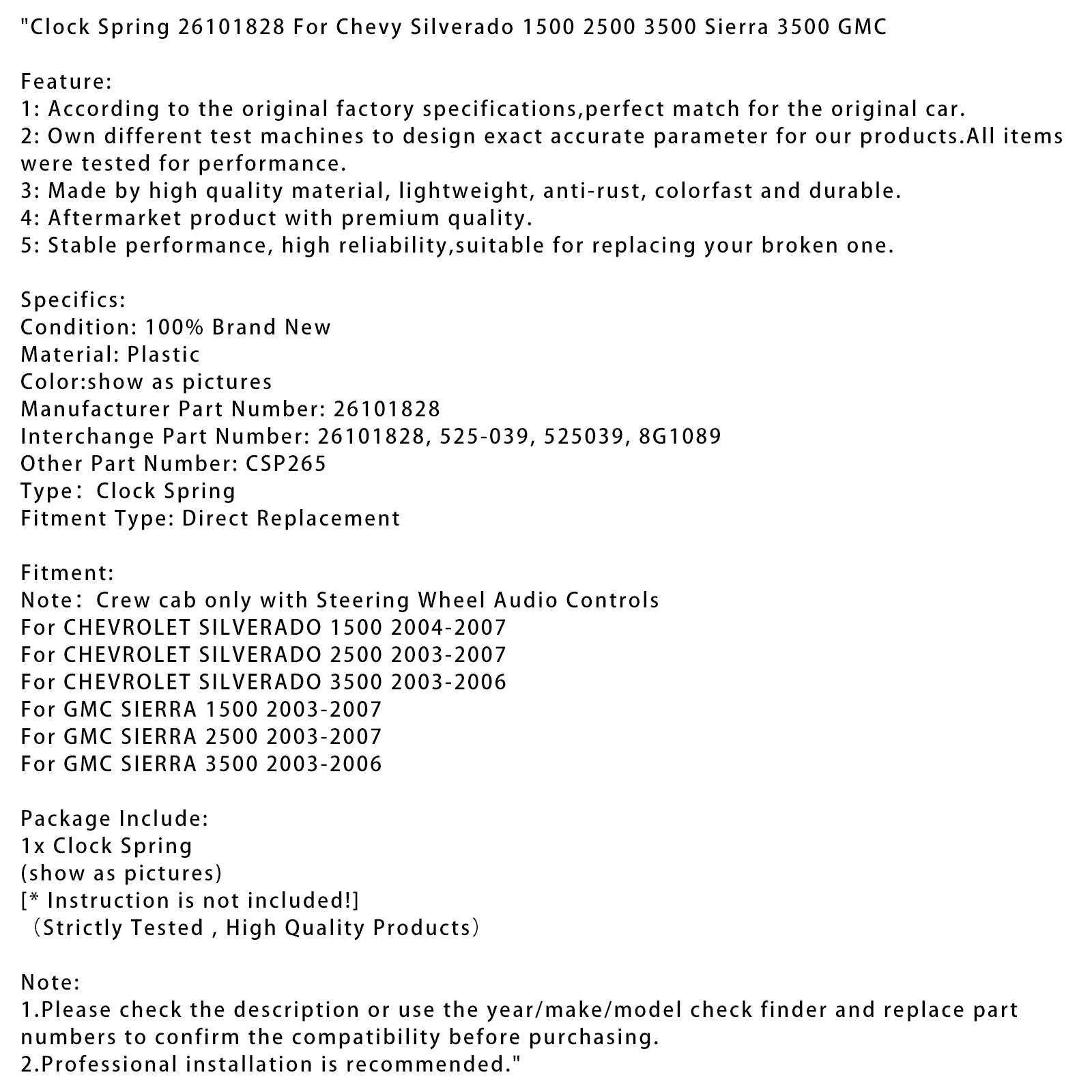 Clock Spring 26101828 For Chevy Silverado 1500 2500 3500 Sierra 3500 GMC