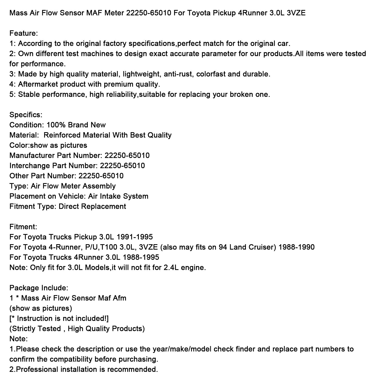 1991-1995 Toyota Trucks Pickup 3.0L Mass Air Flow Sensor MAF Meter 22250-65010