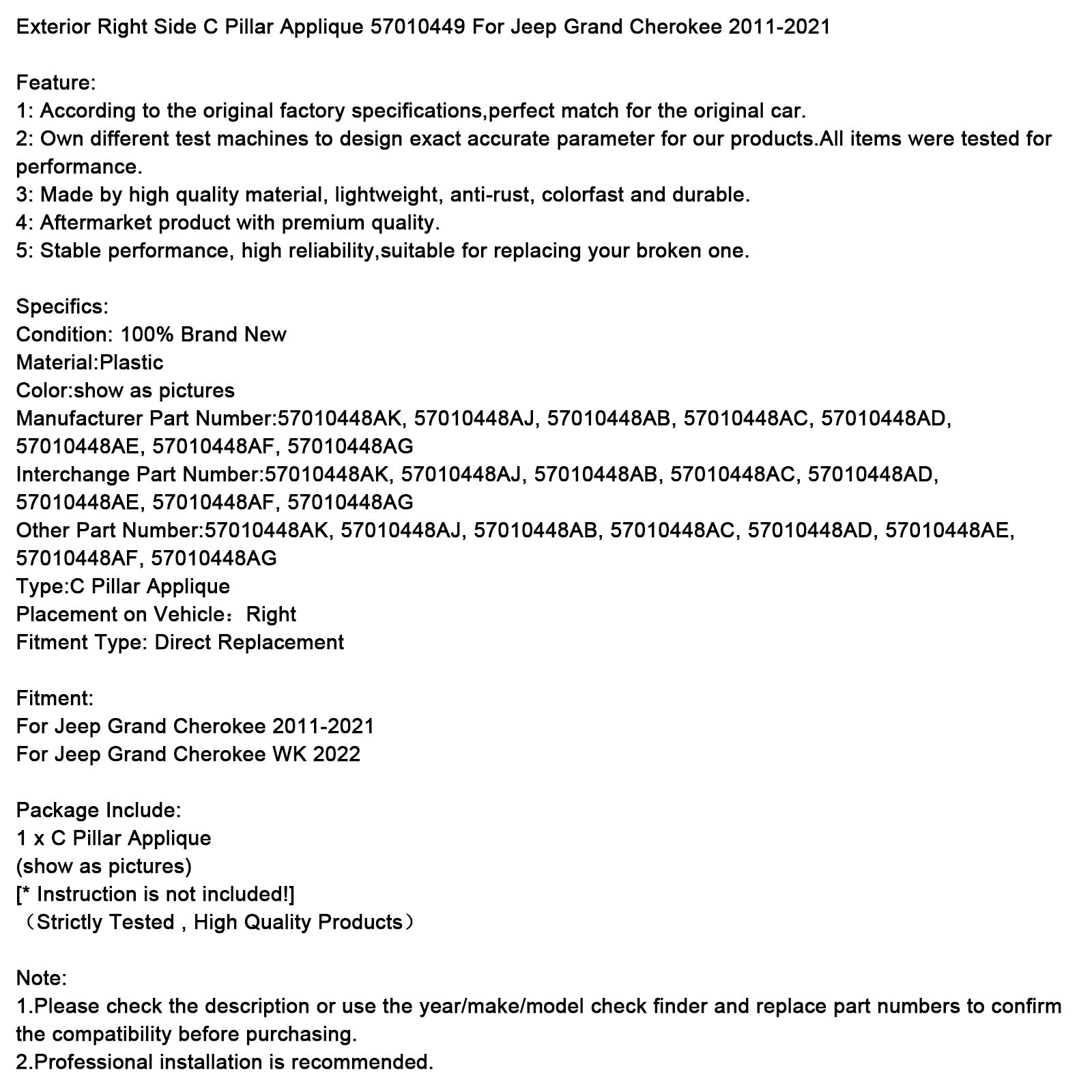 Exterior Right Side C Pillar Applique 57010448 For Jeep Cherokee 2011-2021