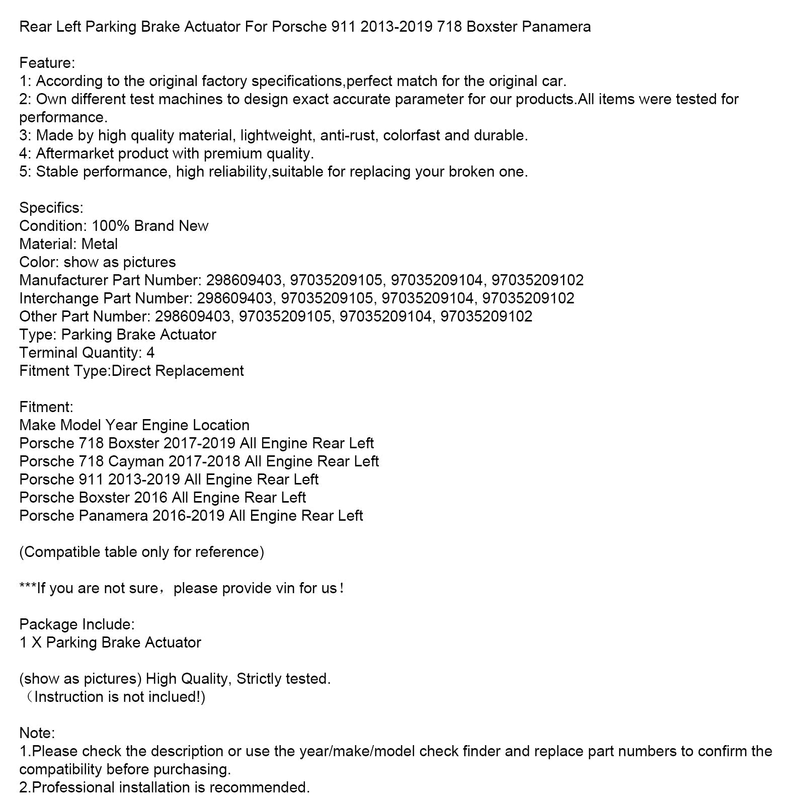 2013-2019 Porsche 911 Rear Left Parking Brake Actuator 298609403 97035209105