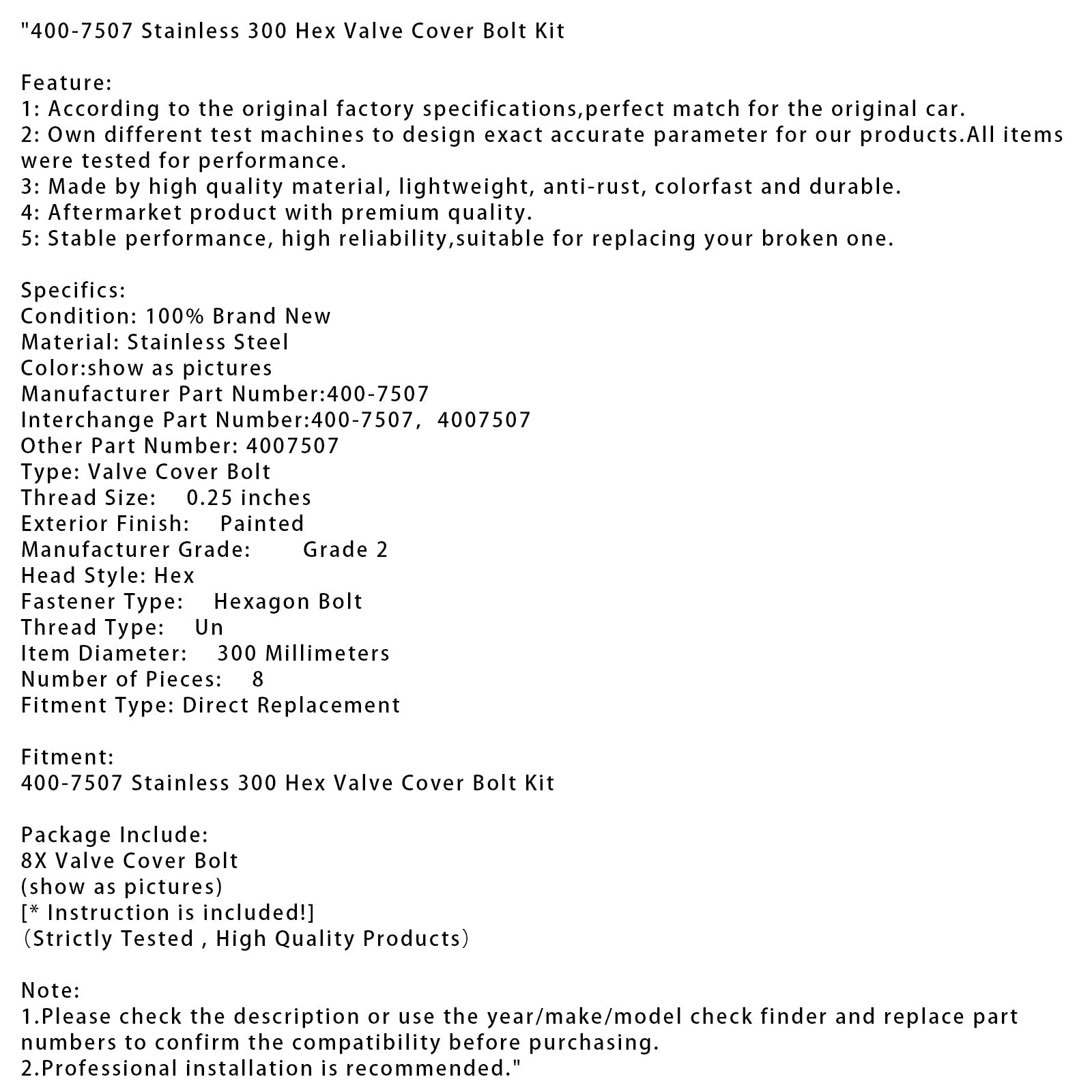 400-7507 Stainless 300 Hex Valve Cover Bolt Kit