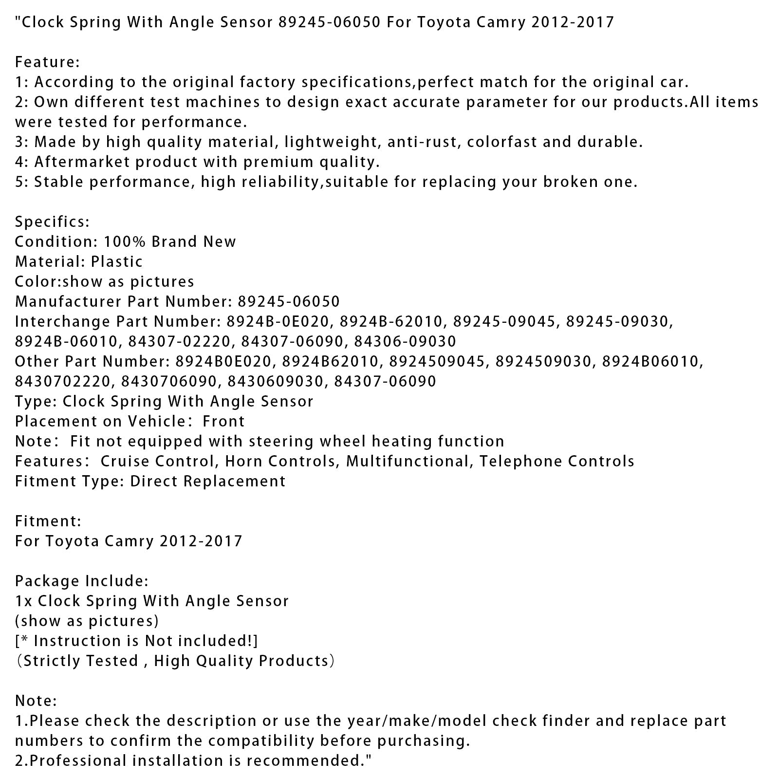 2012-2017 Toyota Camry Clock Spring With Angle Sensor 89245-06050