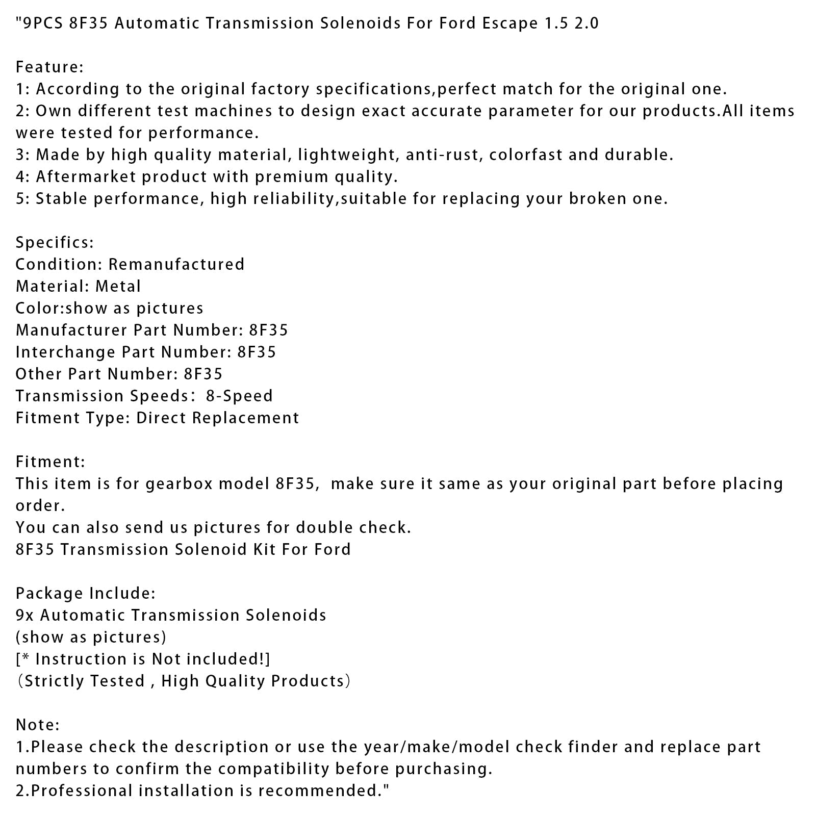 Ford Escape 1.5 2.0 9PCS 8F35 Automatic Transmission Solenoids