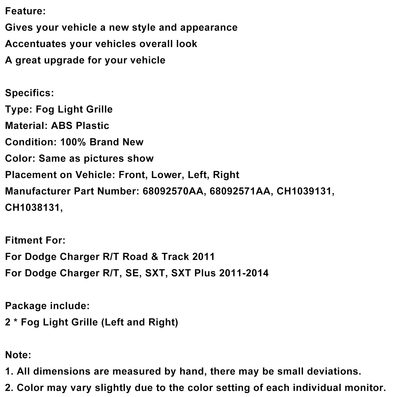 2011-2014 Dodge Charger R/T, SE, SXT, SXT Plus 2PCS Fog Light Cover 68092570AA 68092571AA